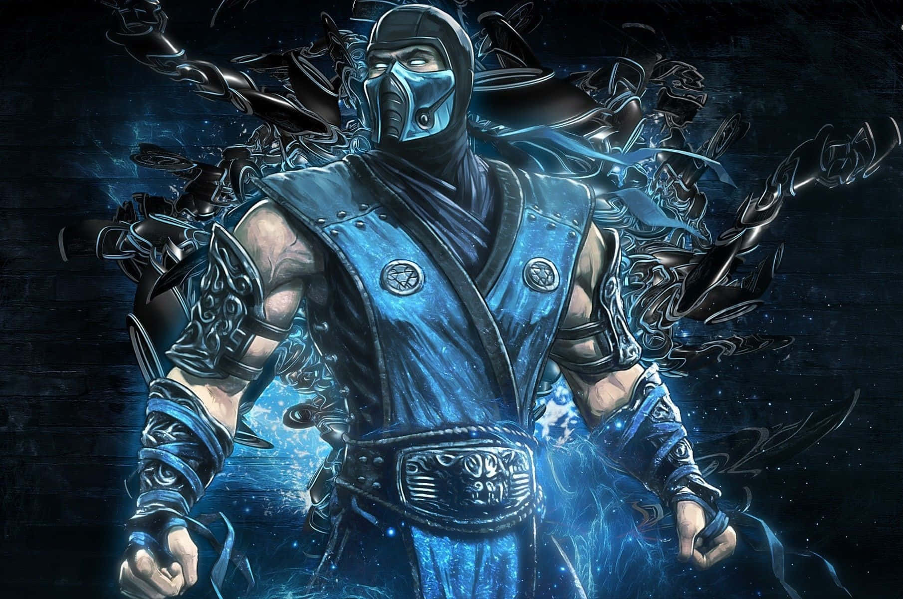 Mortal Kombat Legacy 桌布 壁紙 — 一位身穿藍色盔甲、戴著面具的忍者戰士，在黑暗的宇宙背景下，伴隨著旋轉的鎖鏈和能量，威風凜凜地站立著。
