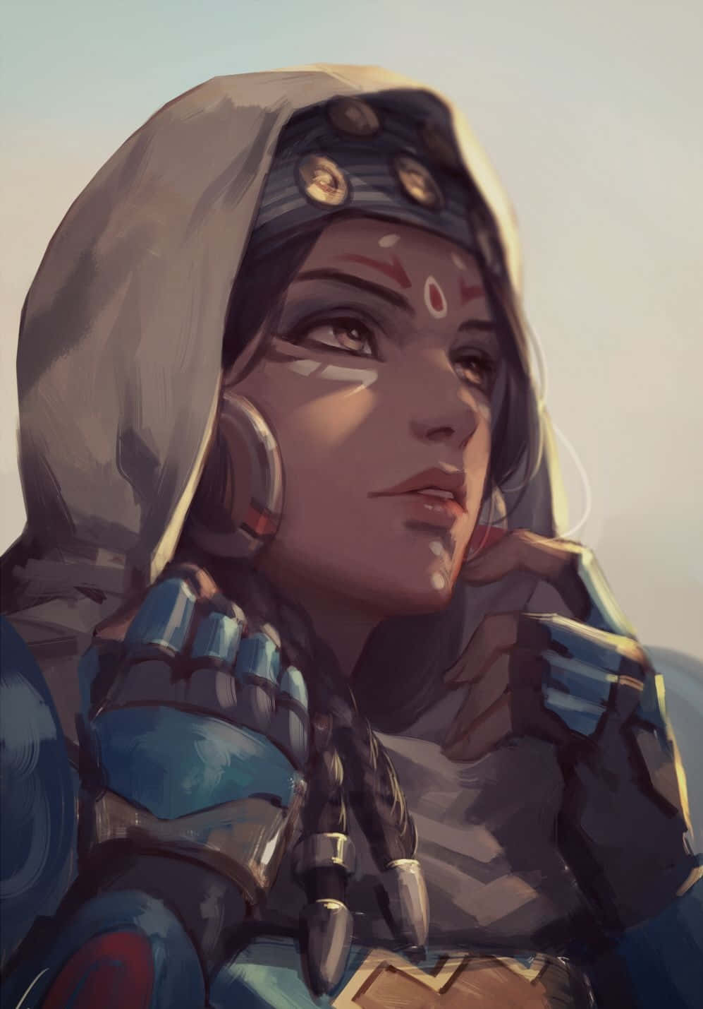 Overwatch Pharah 桌布 壁紙 — 一位身穿藍色盔甲和連帽斗篷的堅定女戰士，在柔和天空的映襯下，用銳利的眼神向上凝視。