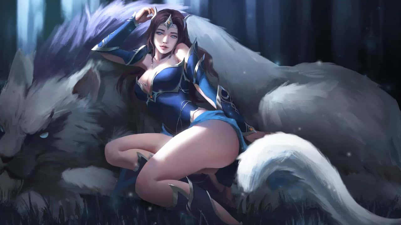 Mirana 桌布 壁紙 — 一位身穿藍色盔甲的奇幻女戰士，在黑暗森林中躺在一隻巨大的白色獅子上。