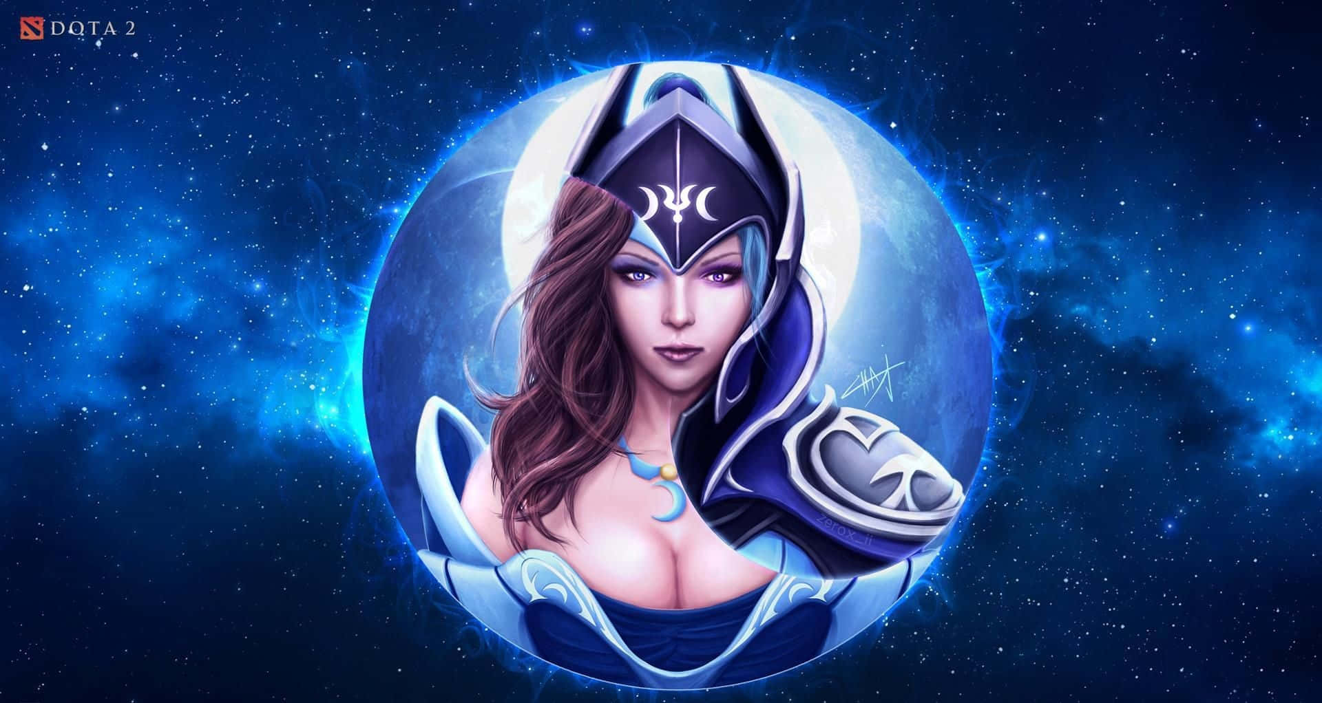 Mirana 桌布 壁紙 — 一位身穿藍色盔甲的奇幻女戰士站在閃耀的月亮前，背景是星光燦爛的宇宙。