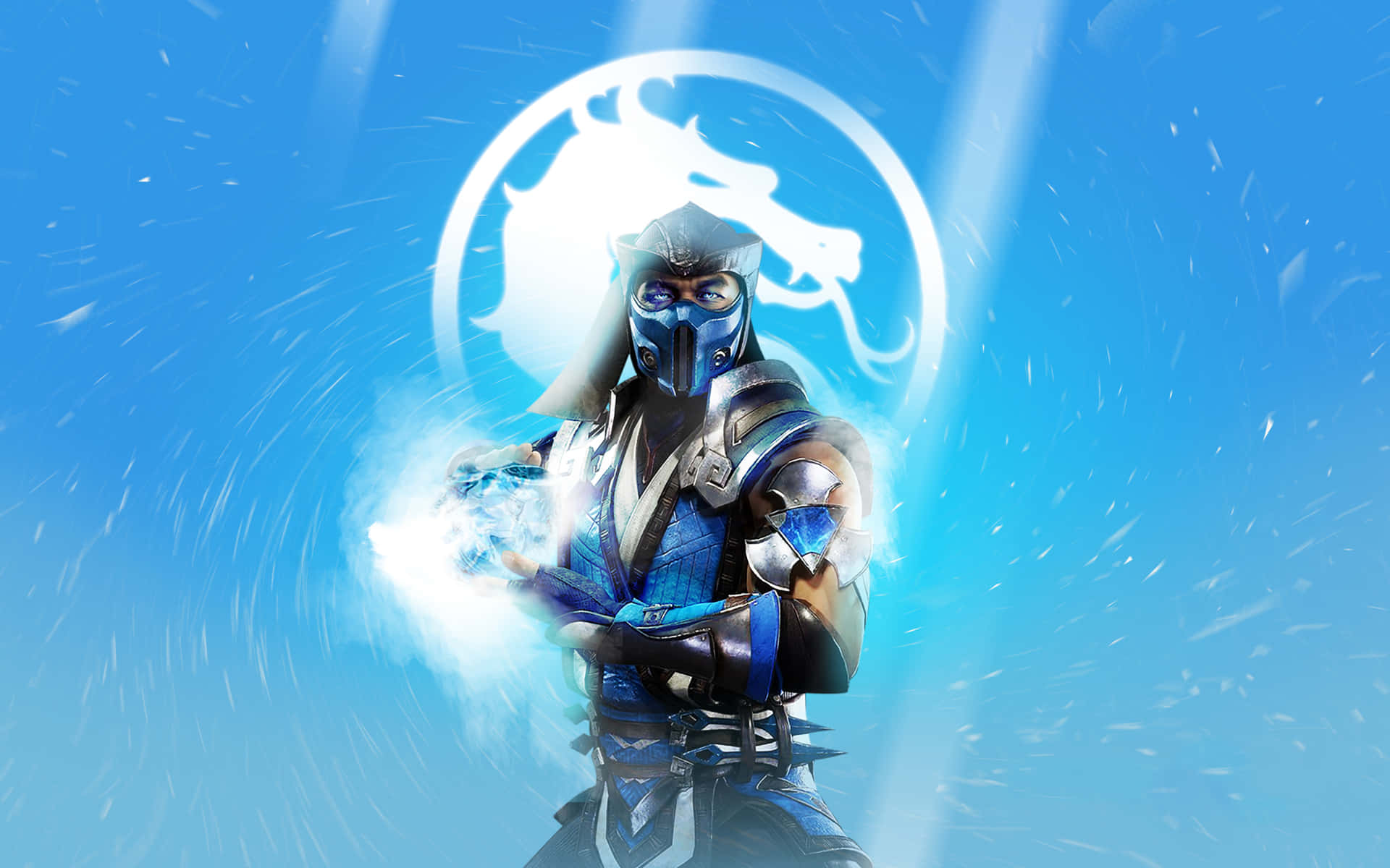 Mortal Kombat Sub-zero 桌布 壁紙 — 一位身穿藍色盔甲的忍者戰士在光芒四射的藍色背景下，身後有龍紋徽章，引導著發光的能量。