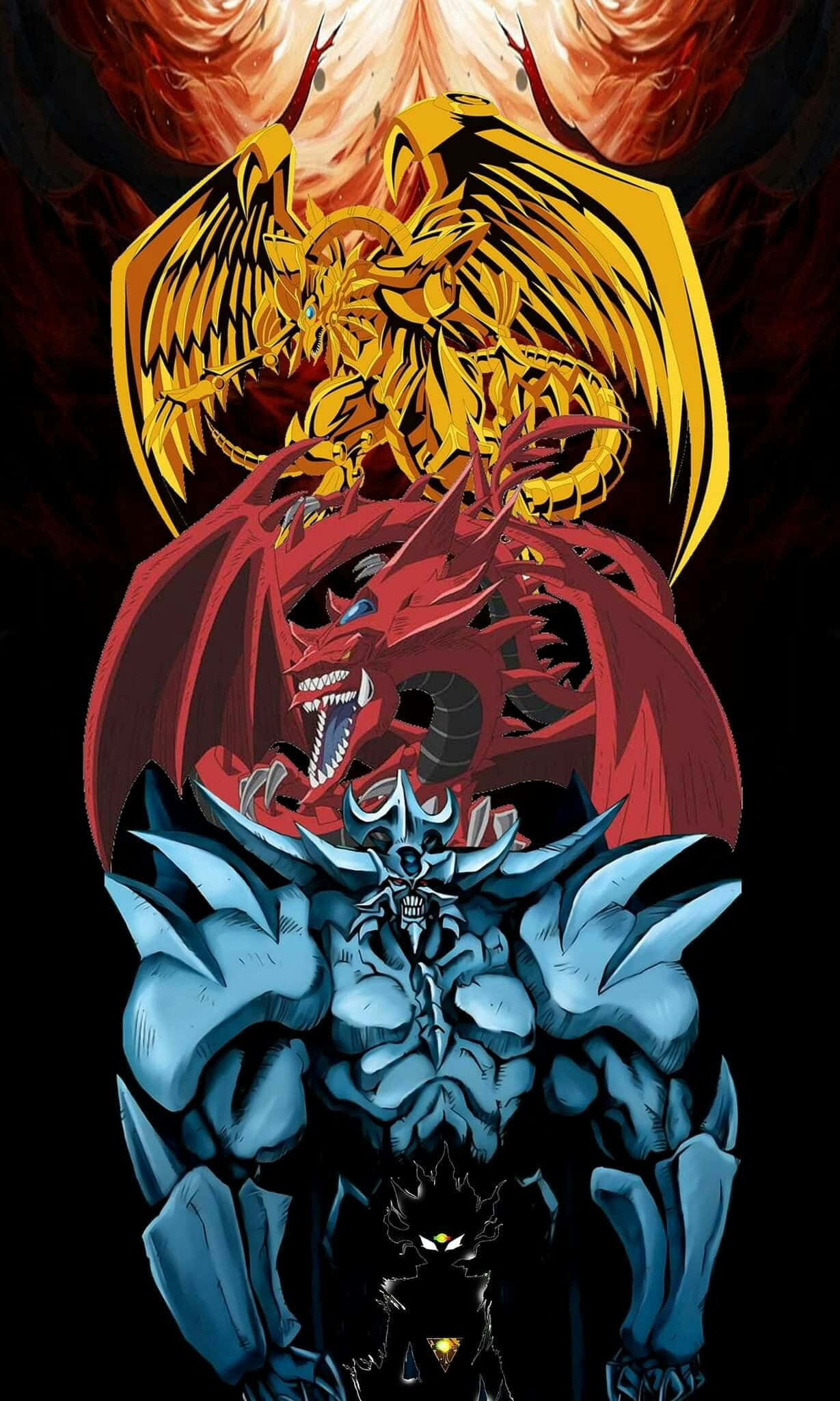 Obelisk The Tormentor 桌布 壁紙 — 一位身穿藍色盔甲的戰士高聳地站在一條紅龍和一隻金色鳳凰面前，背景是熾熱的宇宙。