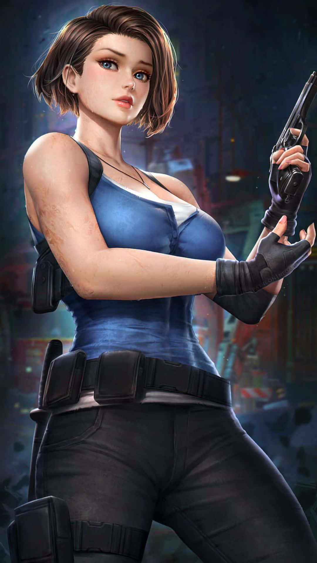 Resident Evil Characters 桌布 壁紙 — 一位身穿藍色背心和黑色裝備的女性動作英雄，在黑暗的城市背景下，手持手槍，目光堅定。