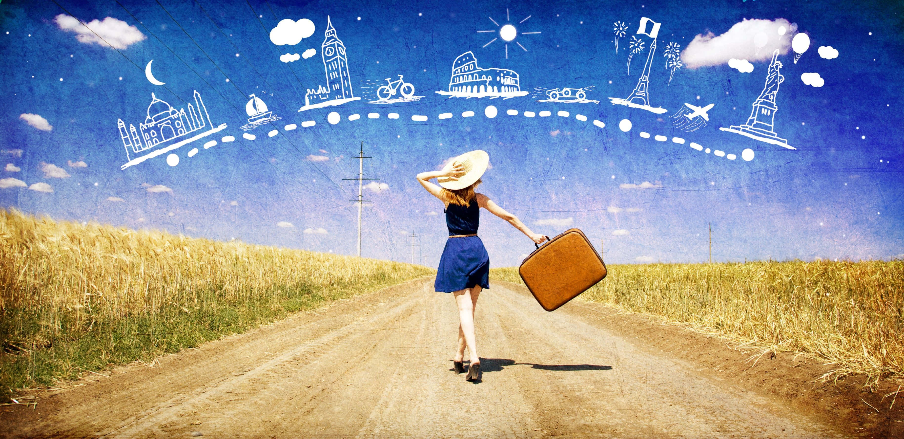 3d Travel 桌布 壁紙 — 一位身穿藍色連衣裙的女性拎著行李箱走在泥濘的道路上，在繁星點點的藍色天空背景下，俏皮的世界地標白色線條畫在她上方飄浮。