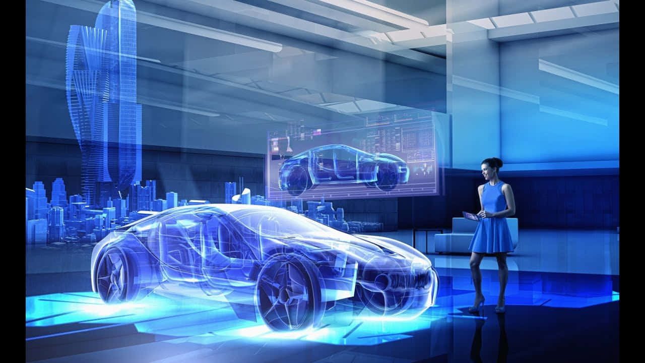 Car Technology 桌布 壁紙 — 一位身穿藍色連衣裙的女性站在一個未來科技實驗室中，旁邊是一輛發光的藍色全息跑車，實驗室內投射著城市天際線。
