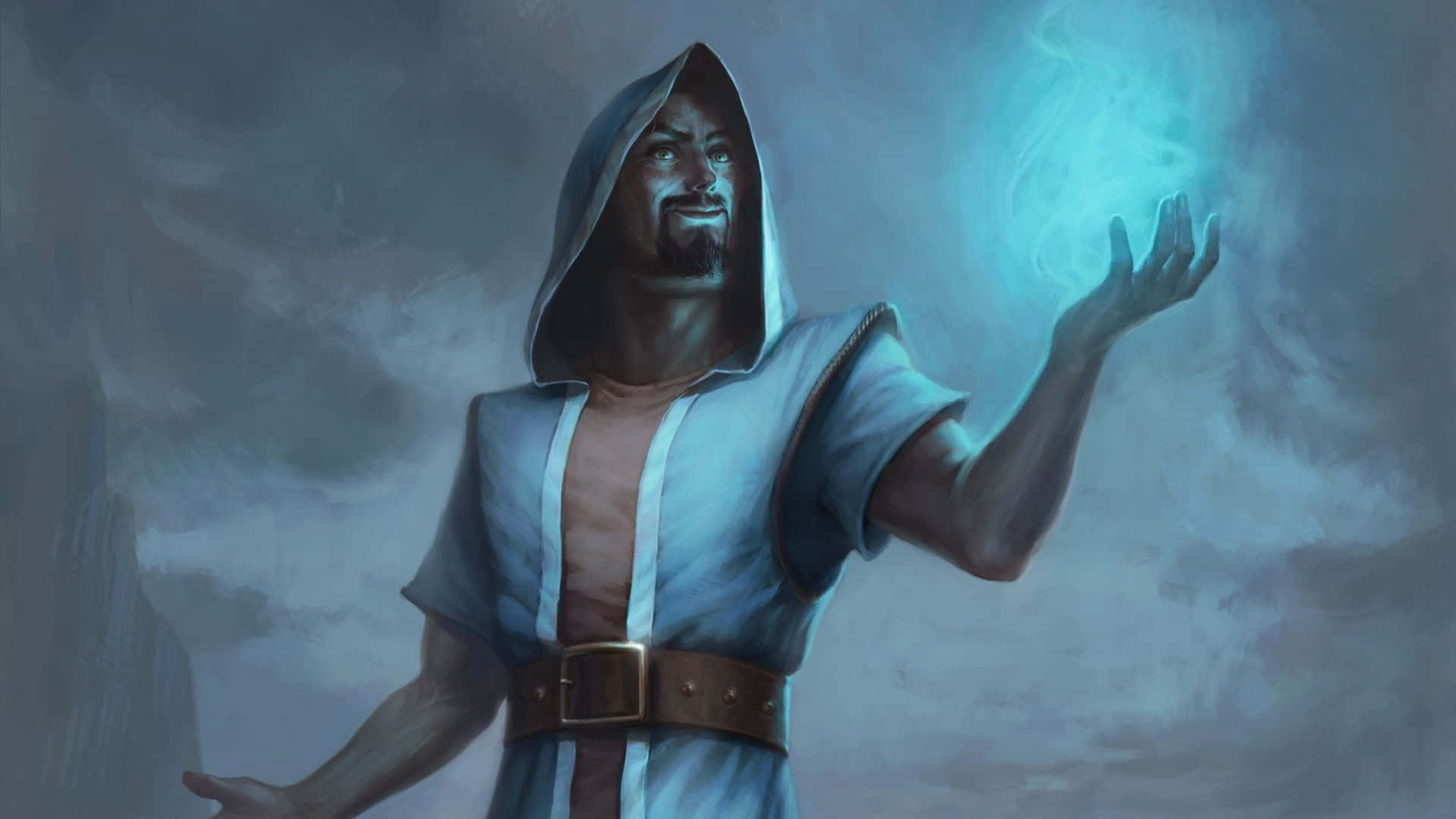 Wizardry 桌布 壁紙 — 一位身穿藍色長袍、戴著兜帽的法师，在暴風雨般的灰色背景下，以強烈的表情引導發光的藍色魔法。
