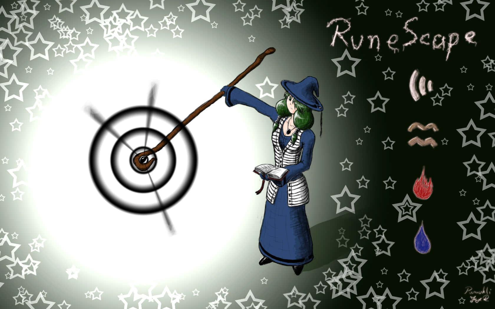 遊戲 桌布 壁紙 — 一位身穿藍色長袍的巫師，在帶有RuneScape元素的星空背景下，用魔杖施展法術。
