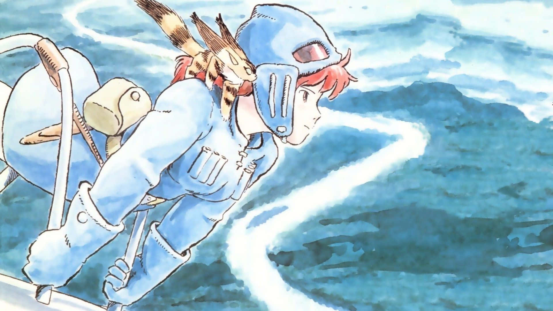 nausicaä of the valley of the wind 桌布 壁紙 — 一位身穿藍色飛行裝備的年輕動畫飛行員，在動盪的藍天中翱翔，肩上載著一隻小狐狸同伴。