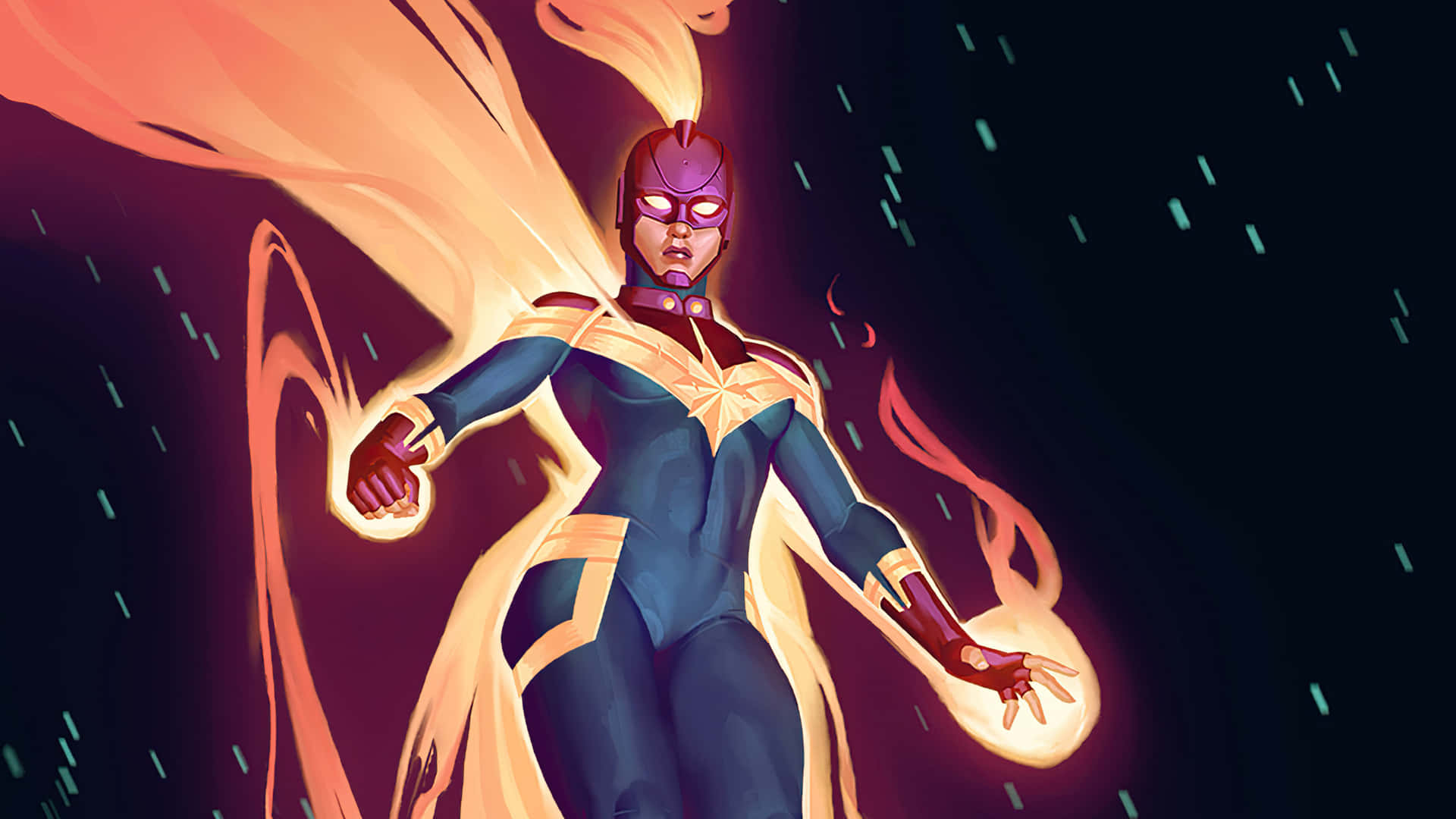 Captain Marvel HD 桌布 壁紙 — 一位身穿藍金戰衣的女超級英雄，在黑暗的雨景背景下散發出熾熱能量，伴隨著發光的條紋。