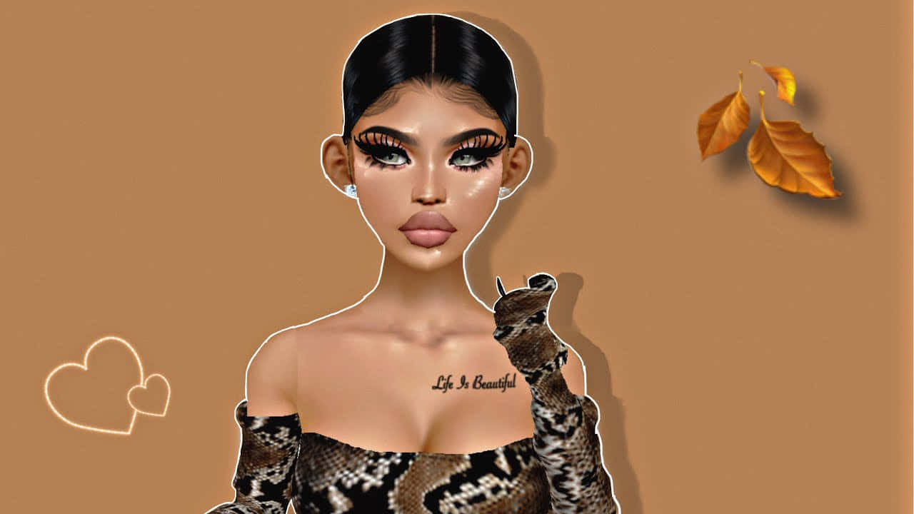 imvu 桌布 壁紙 — 一位身穿蛇皮上衣的女性風格化數碼肖像，周圍漂浮著秋葉和心形。