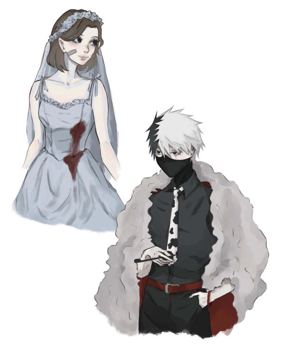 Kakashi And Rin 桌布 壁紙 — 一位身穿血跡斑斑禮服的新娘站在一位身穿皮草大衣、戴著面具、手持香煙的男子旁邊。
