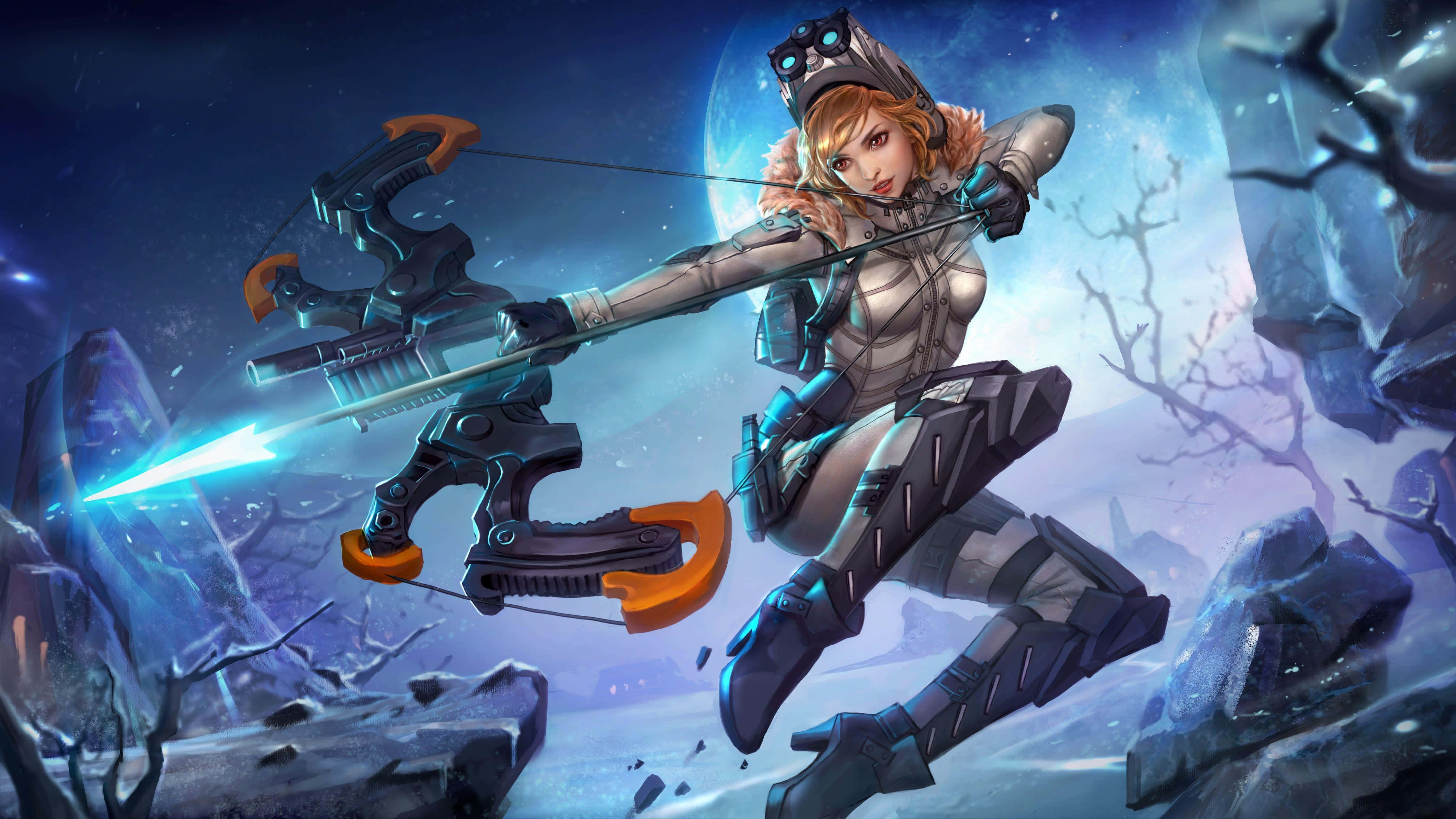 Vainglory 桌布 壁紙 — 一位身穿裝甲裝備的未來女性弓箭手，在月光下的冰凍廢墟中發射發光的藍色弓箭。