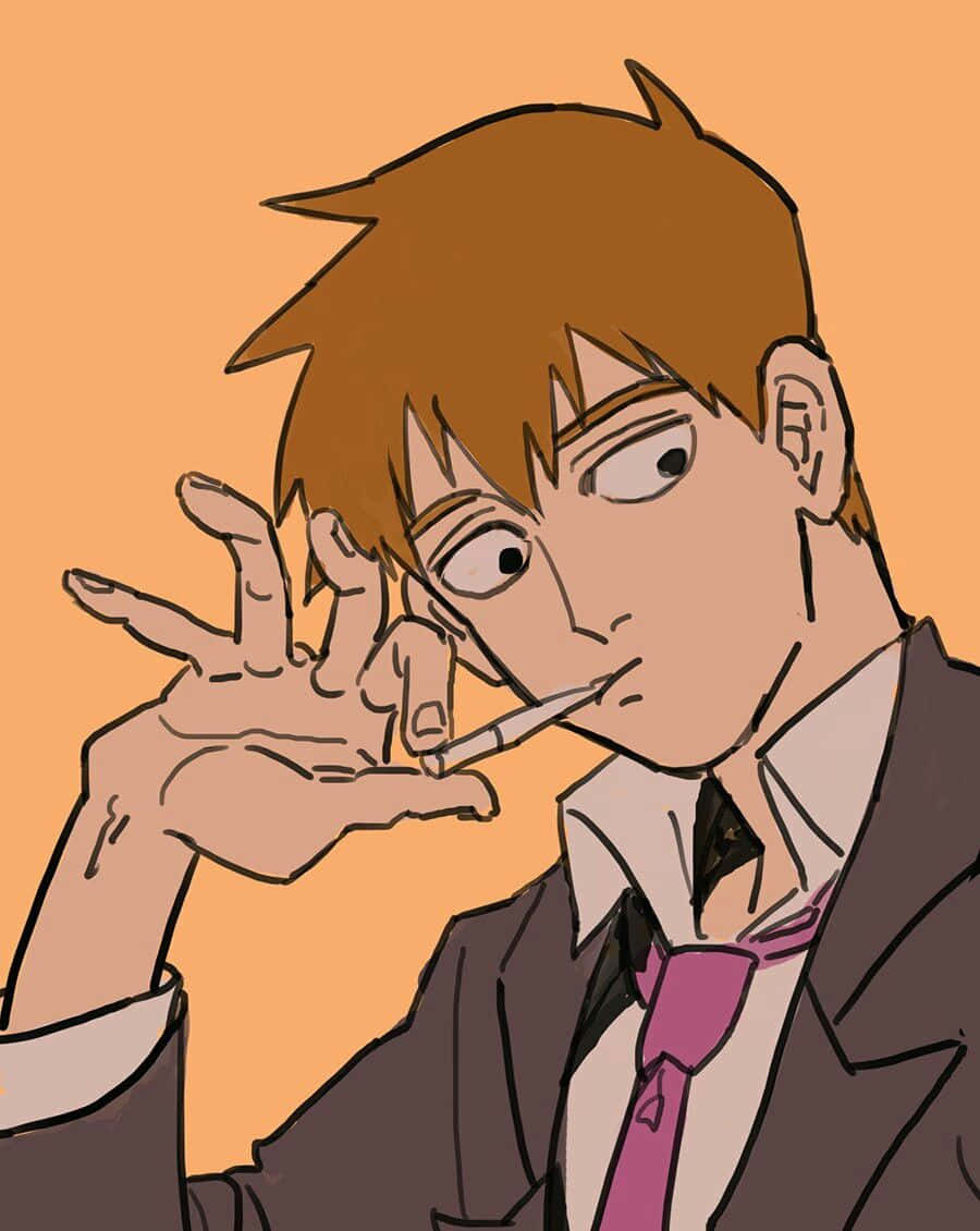 Arataka Reigen 桌布 壁紙 — 一位身穿西裝、打著粉紅色領帶的年輕男子，在純橙色背景前露出驚訝的表情，手持香煙。