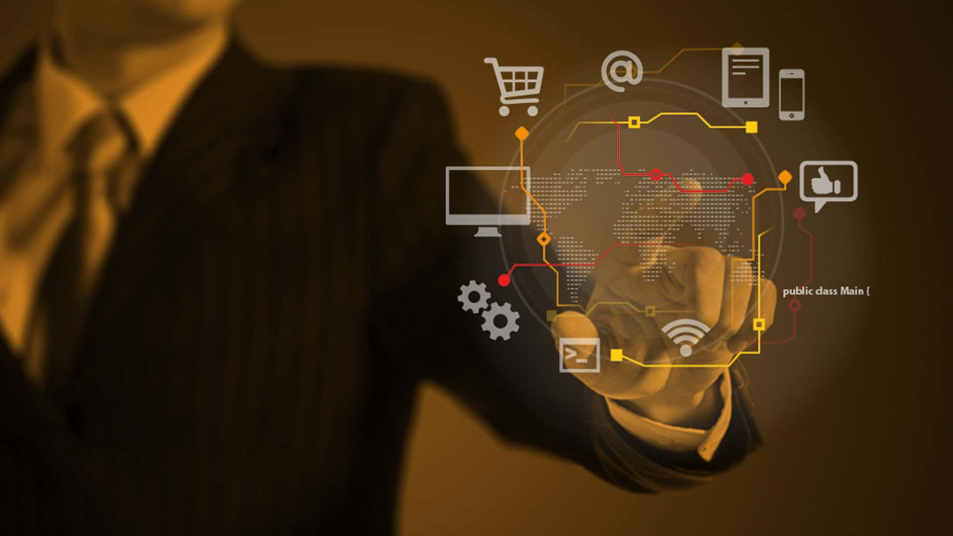 Email 桌布 壁紙 — 一位身穿西裝的商人正在與一個發光的數碼界面互動，該界面在溫暖的琥珀色背景上顯示全球科技圖標。
