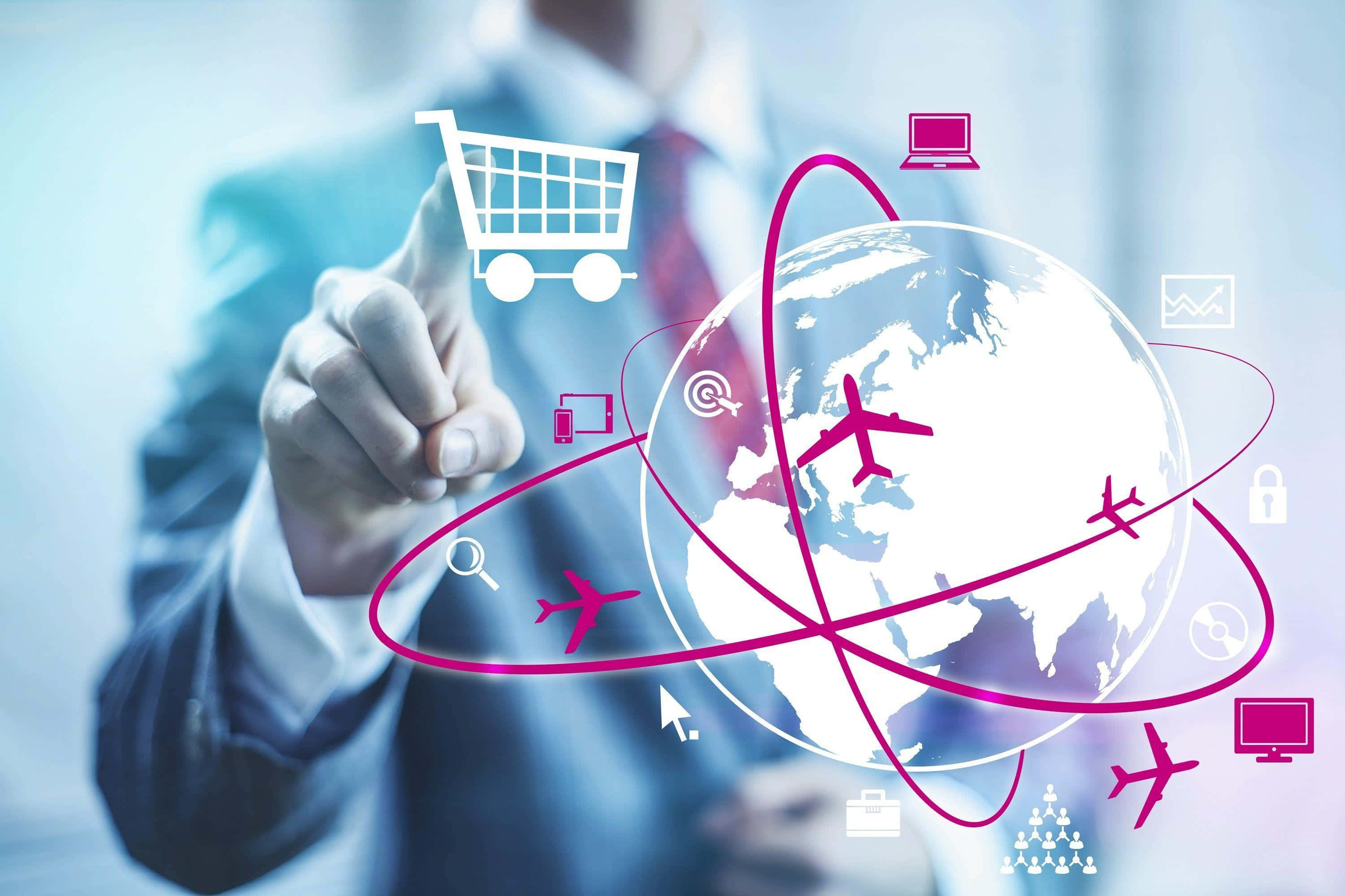 E Commerce 桌布 壁紙 — 一位身穿西裝的商人點擊一個發光的地球，周圍環繞著粉紅色的數位圖標，象徵全球電子商務和旅行。