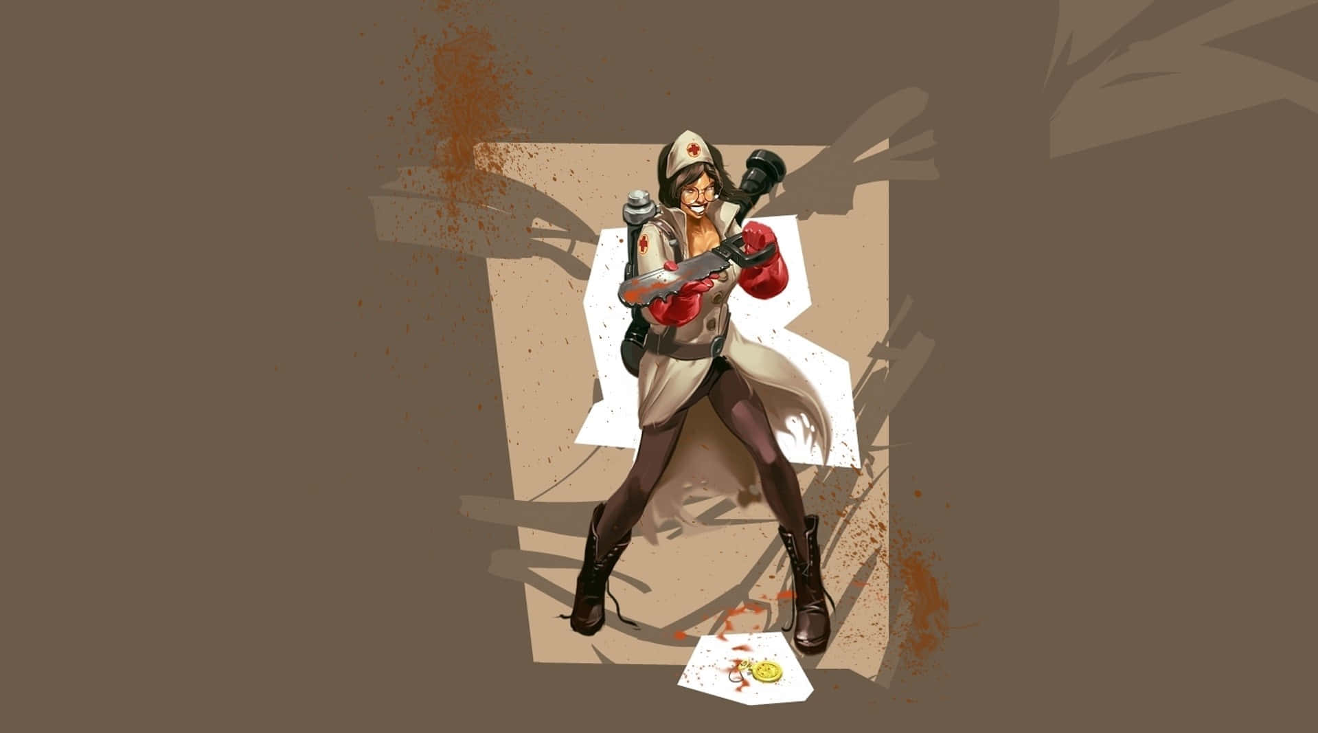 Team Fortress 2 Characters 桌布 壁紙 — 一位身穿護士服的兇猛女戰士，在粗糙的棕色背景下，自信地咧嘴笑著揮舞雙槍。