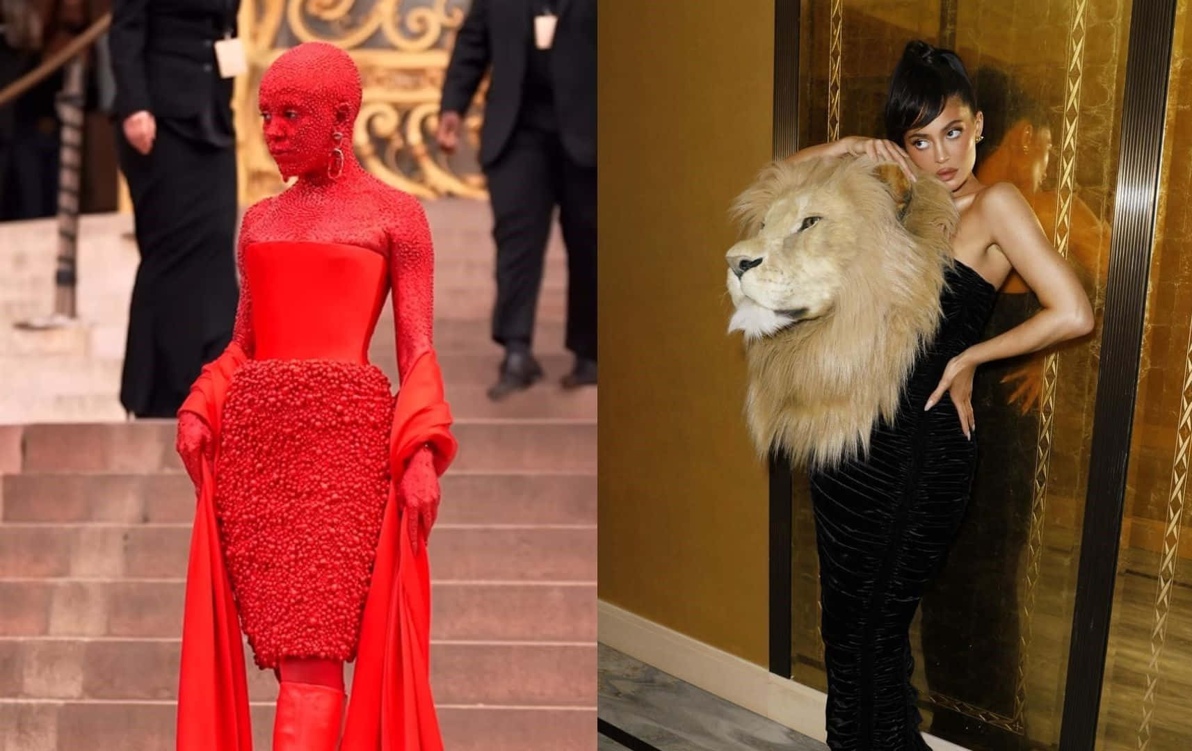 Fashion 桌布 壁紙 — 一位身穿質感紅色長裙的女性站在另一位身穿黑色連衣裙的女性旁邊，後者手持獅頭道具，面向金色電梯門。