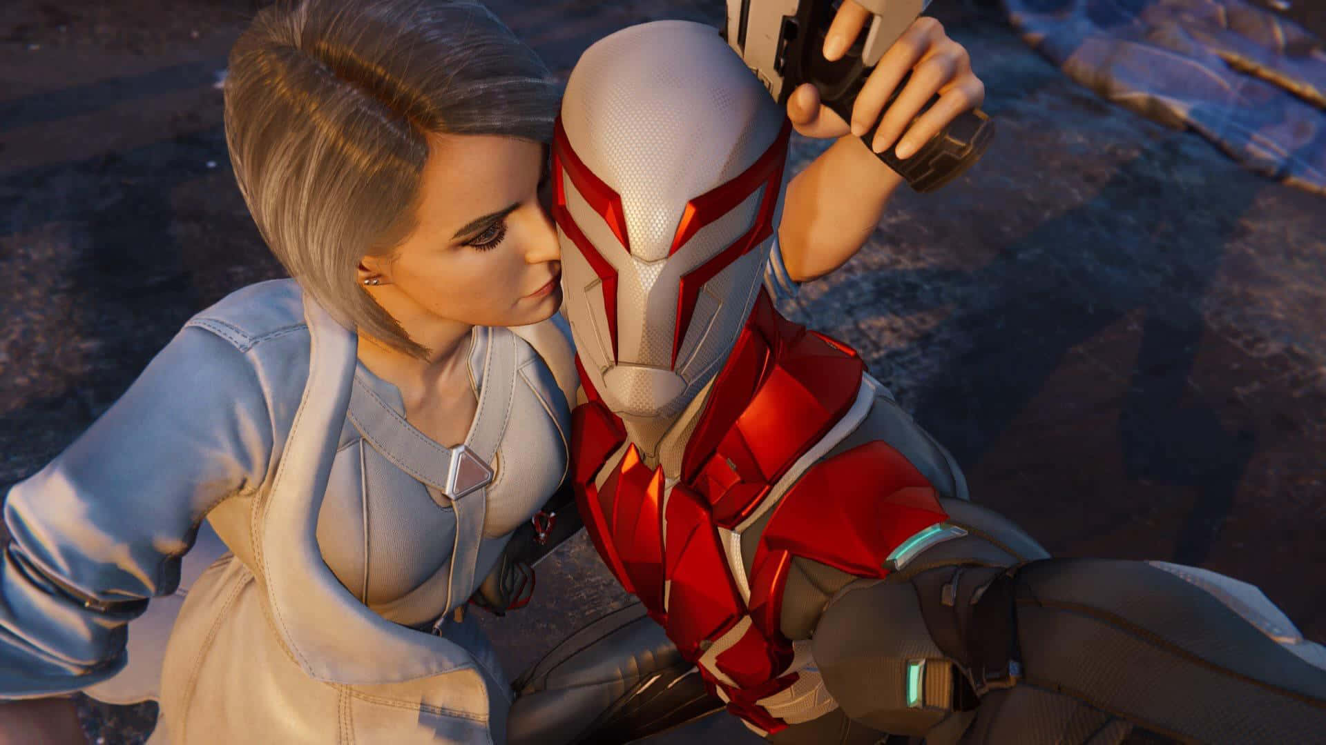 Silver Sable 桌布 壁紙 — 一位身穿輕薄外套的女性，在昏暗的環境中溫柔地親吻一個手持武器的紅白裝甲人物。