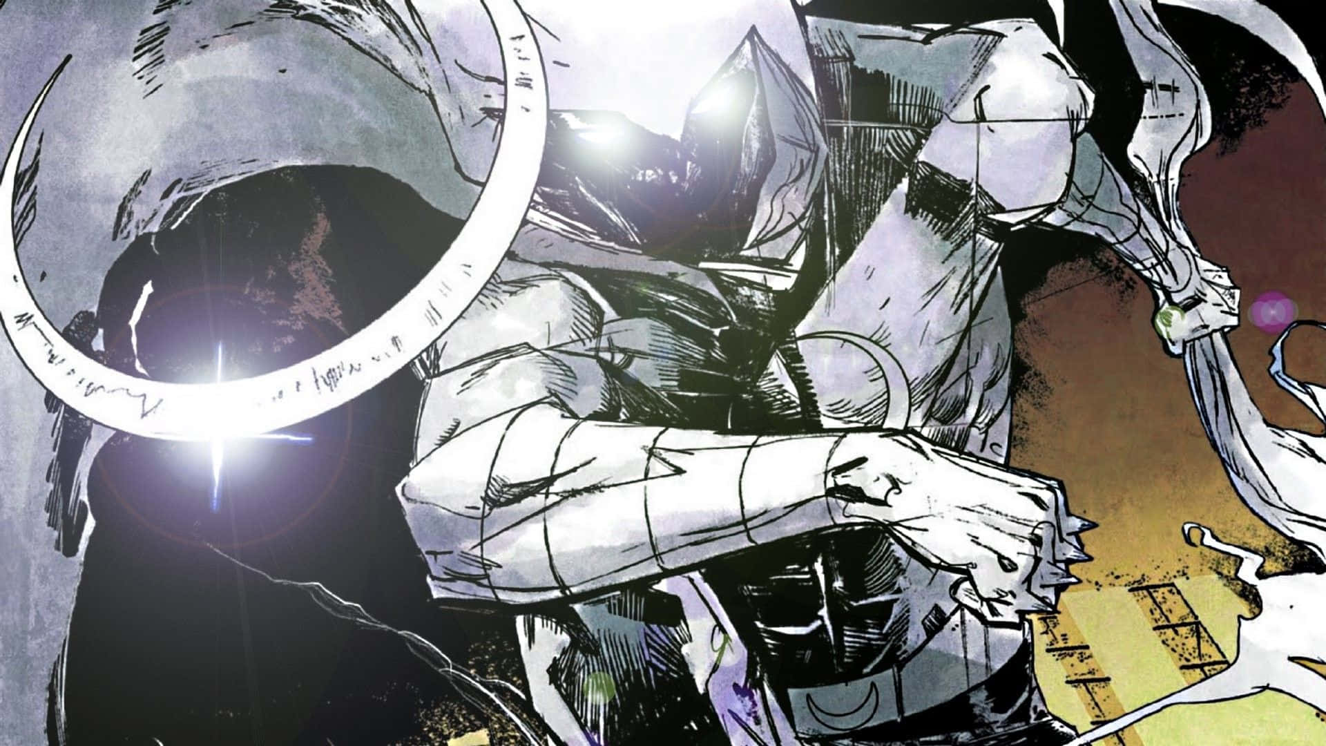 Moon Knight 桌布 壁紙 — 一位身穿連帽斗篷的動漫風格戰士，在黑暗背景下以強烈燈光揮舞著發光的彎月刀刃。