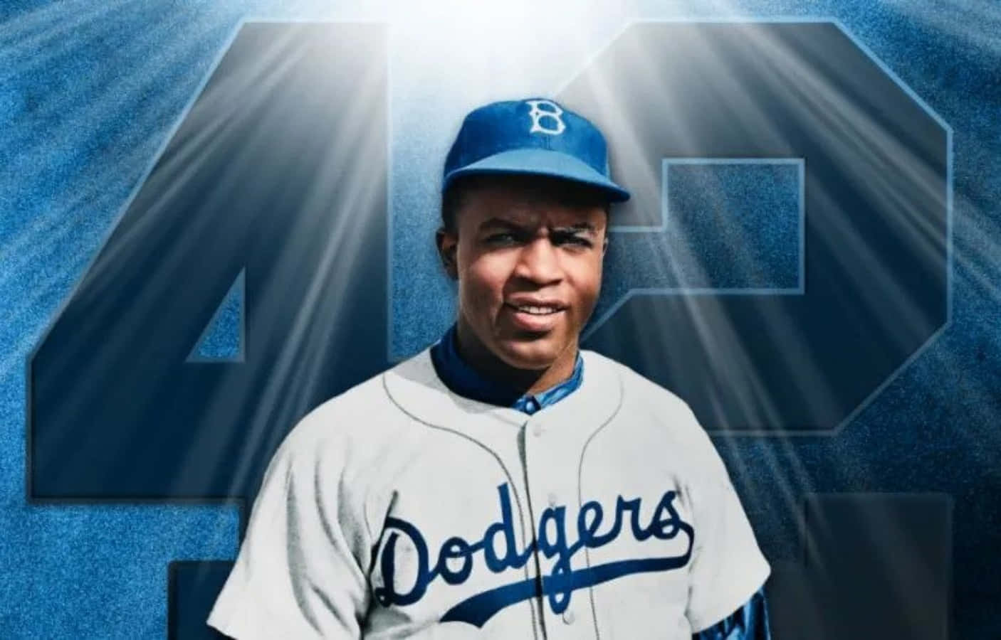 Jackie Robinson 桌布 壁紙 — 一位身穿道奇隊球衣的復古棒球運動員，站在發光的42號前，伴隨著戲劇性的光線。