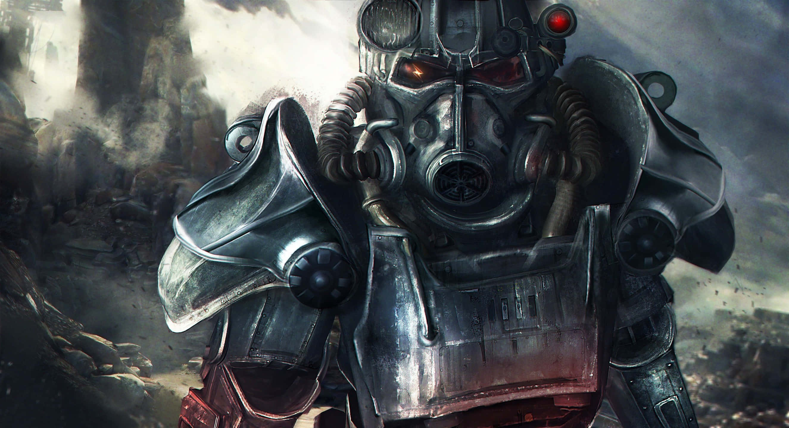 Fallout Brotherhood Of Steel 桌布 壁紙 — 一位身穿重甲、雙眼發出紅光的廢土戰士，在 crumbling 廢墟和暴風雨的天空下 defiantly 站立。