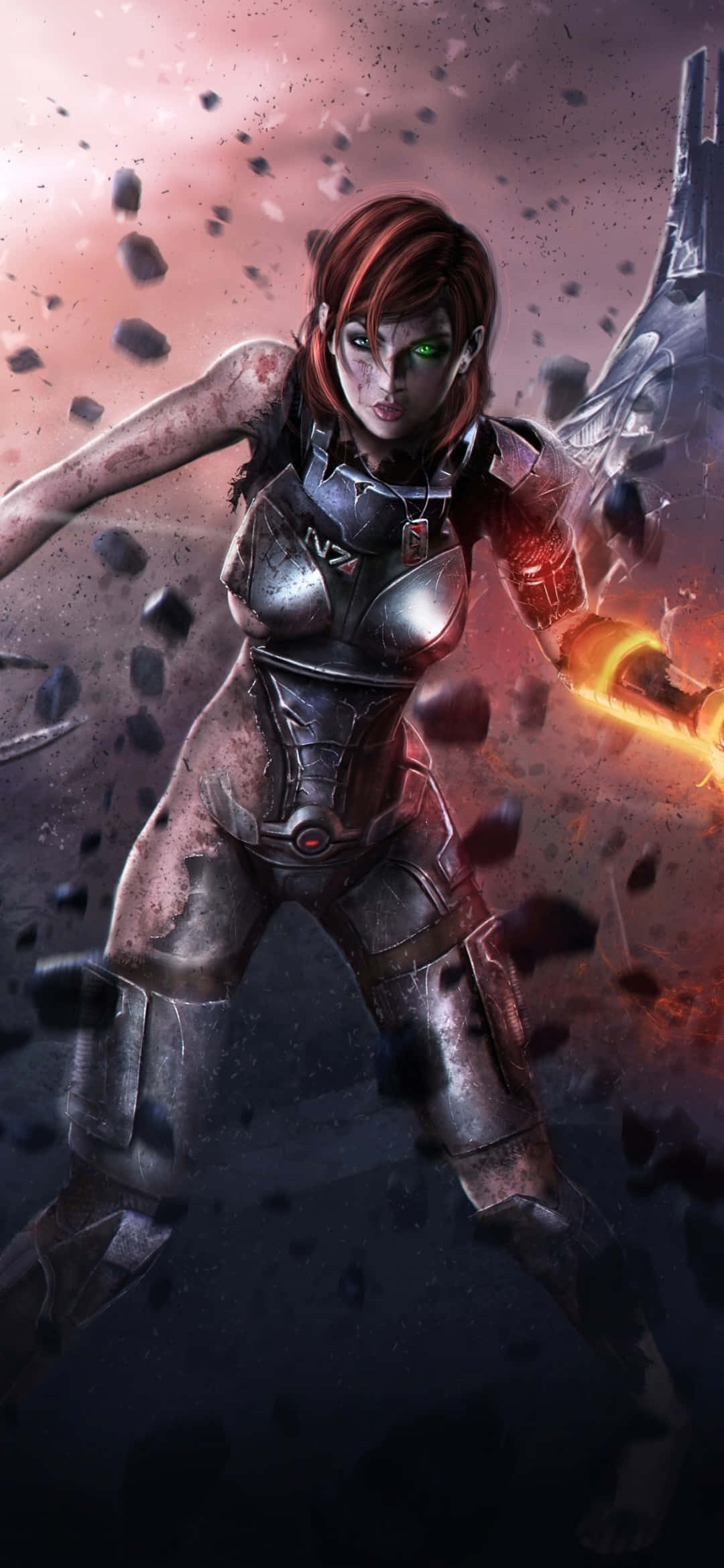 Mass Effect Femshep 桌布 壁紙 — 一位身穿金屬盔甲的兇猛女戰士，在粉紅色天空下揮舞著發光武器，周圍漂浮著碎片。