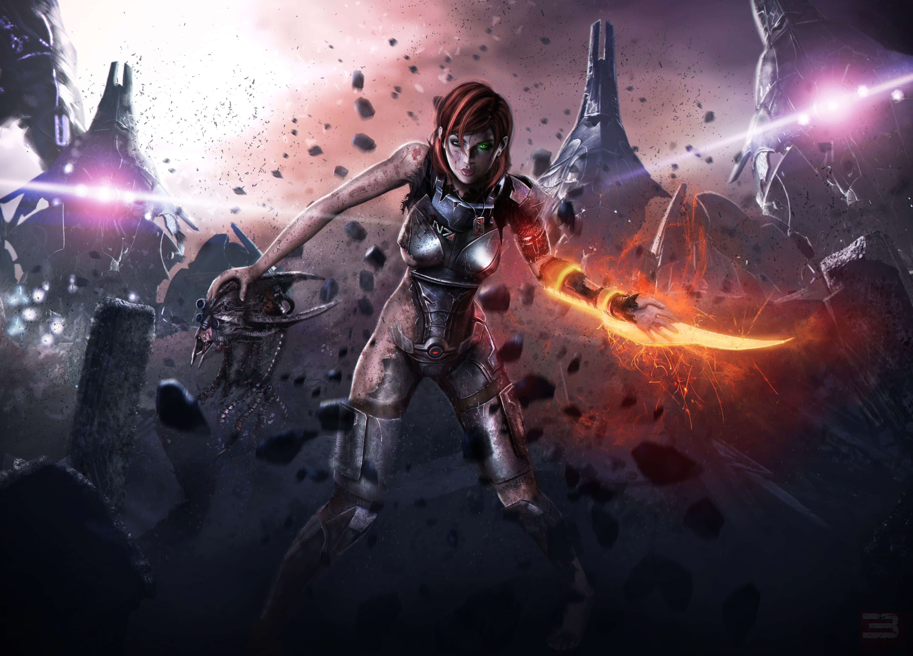 Mass Effect Femshep 桌布 壁紙 — 一位身穿金屬盔甲的女戰士，在黑暗的科幻戰場上，於破碎的瓦礫和發光的能量光束中揮舞著一把火焰劍。