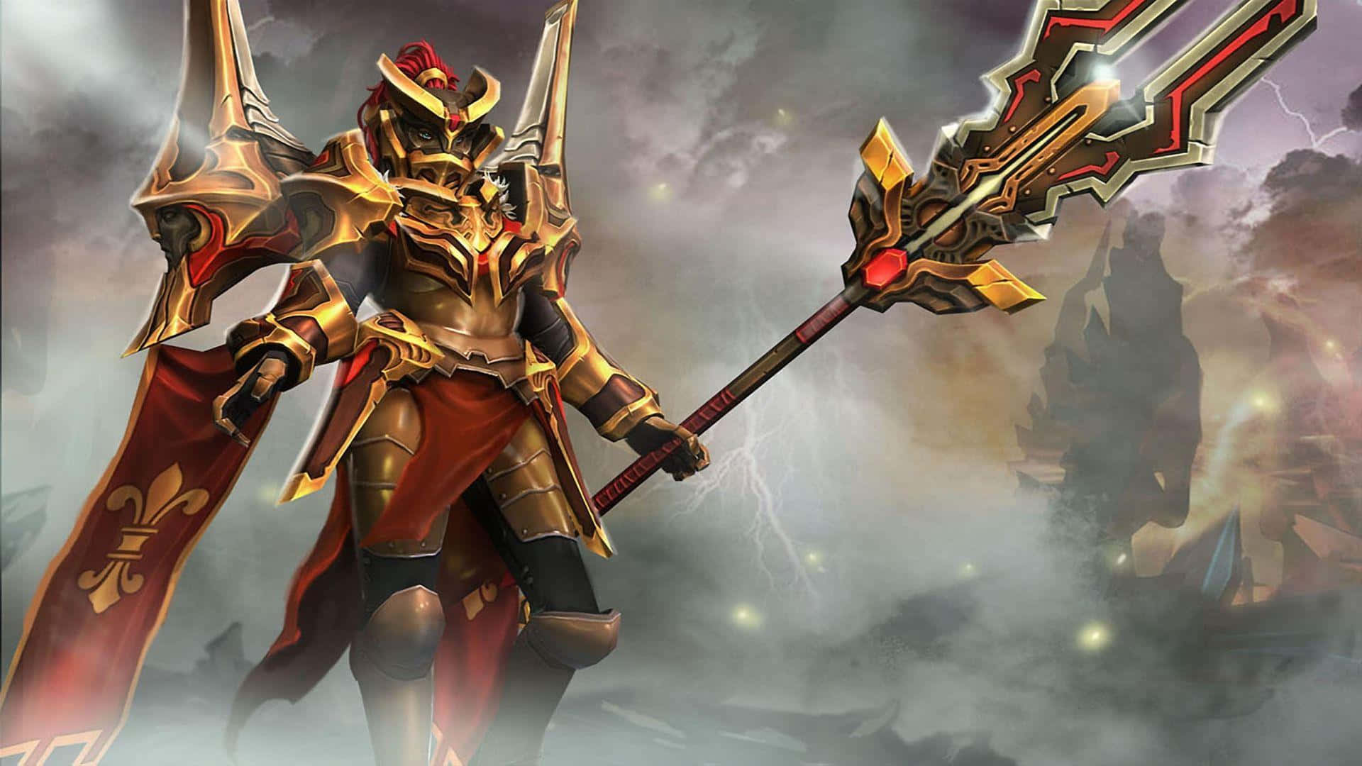 Legion Commander 桌布 壁紙 — 一位身穿金色和紅色重甲的騎士在雷電交加的暴風戰場上揮舞著發光的長矛。