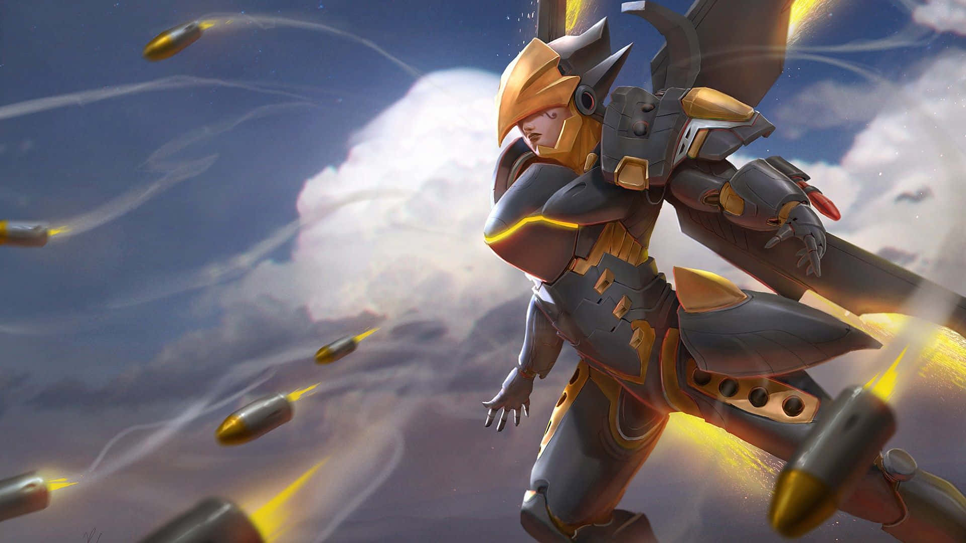 Overwatch Pharah 桌布 壁紙 — 一位身穿金色和黑色盔甲的戰士在陰雲密佈的天空中翱翔，發光的彈體呼嘯而過。