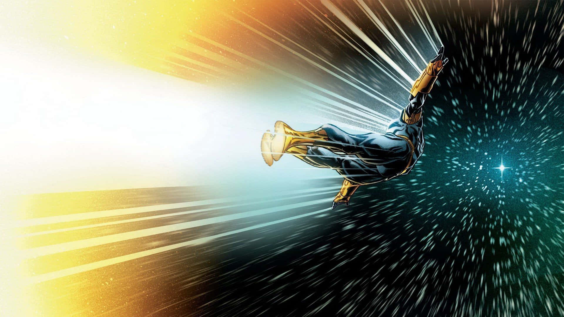 Nova Corps 桌布 壁紙 — 一位身穿金色戰衣的超級英雄在璀璨的宇宙背景中疾馳而過，伴隨著劃過的星痕。