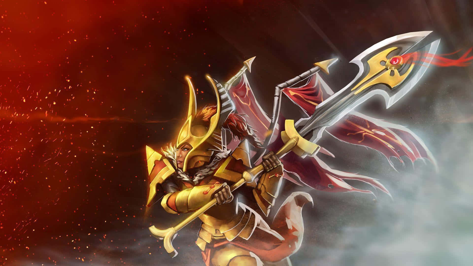 Legion Commander 桌布 壁紙 — 一位身穿金色盔甲、披著紅色斗篷的戰士，在火紅煙霧背景中揮舞著發光的斧頭。