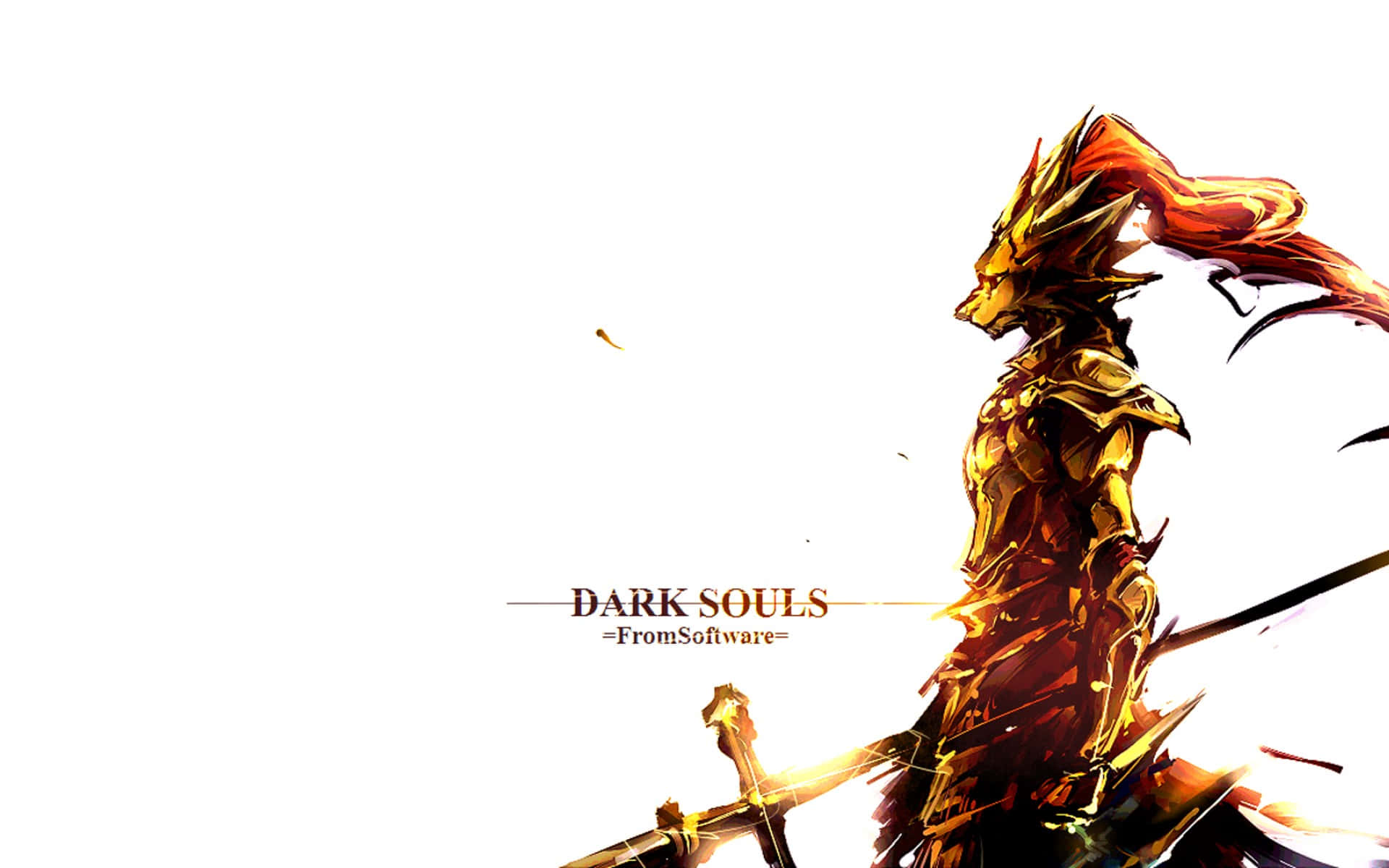 Dragon Slayer Ornstein 桌布 壁紙 — 一位身穿金色盔甲、紅髮飄逸的戰士側身站立，手持劍，背景為純白色，並帶有「Dark Souls」字樣。