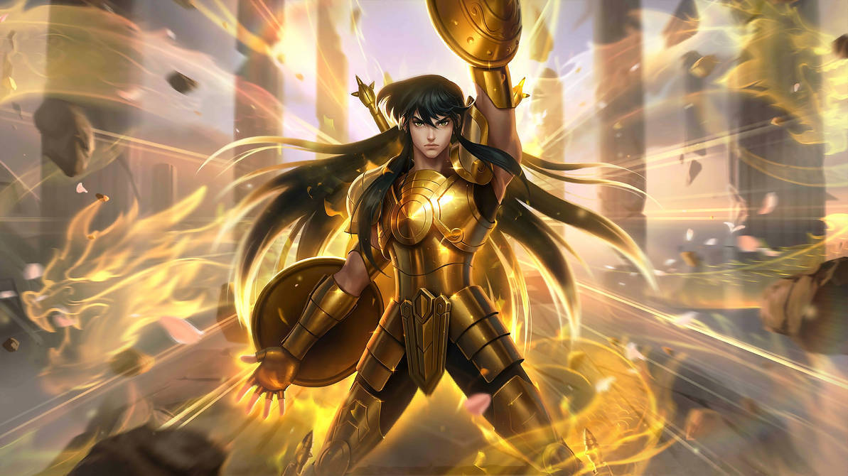 Mobile Legends 桌布 壁紙 — 一位身穿金色盔甲、長著黑色長髮的戰士，在熾熱的能量和 crumbling 石柱中揮舞盾牌和劍。