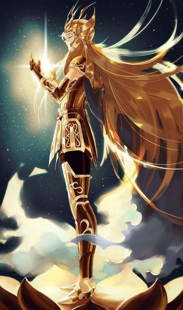  壁紙 — 一位身穿金色盔甲、長髮飄逸的動漫戰士站在蓮花上，向繁星點點的夜空釋放光芒。