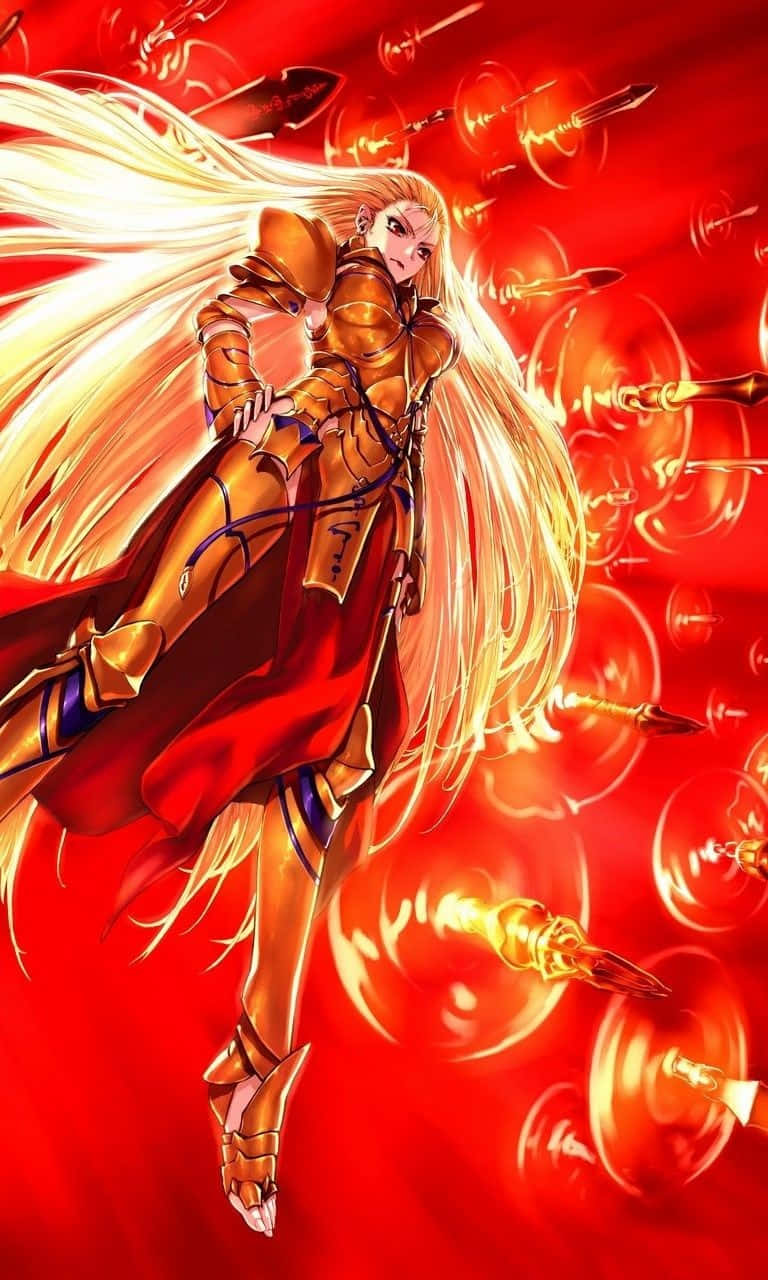Mushoku Tensei 桌布 壁紙 — 一位身穿金色盔甲、飄逸金髮的動漫戰士，在充滿浮劍的火紅背景下動態跳躍。