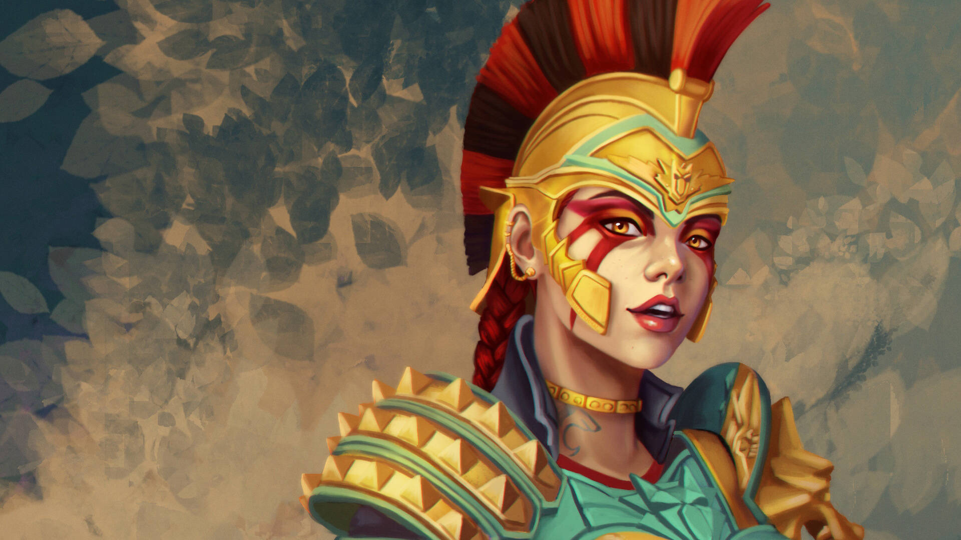 遊戲 桌布 壁紙 — 一位身穿金色盔甲和紅色羽飾頭盔的兇猛女戰士，在紋理石質背景前凝視前方。