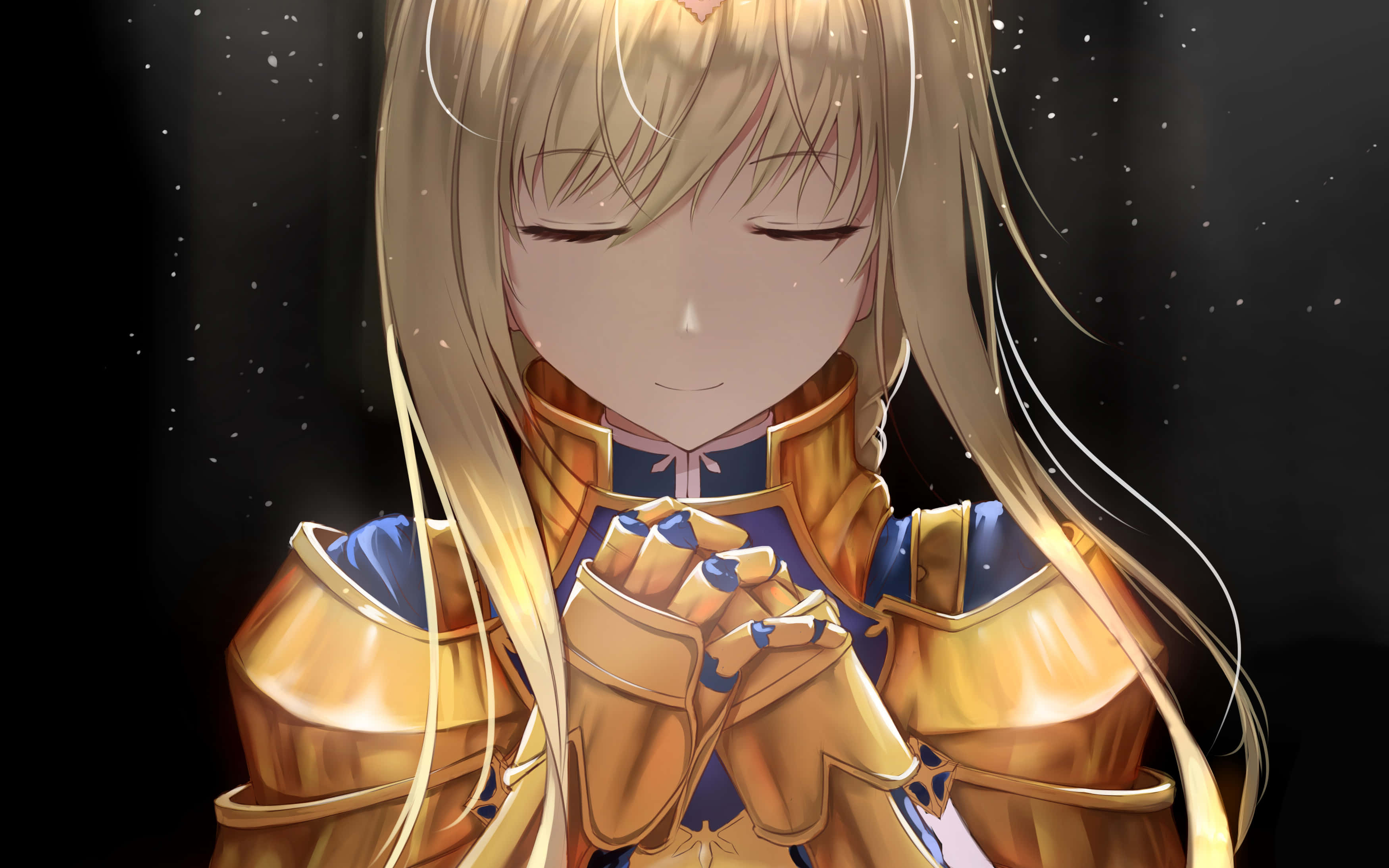 Alice Zuberg 桌布 壁紙 — 一位身穿金色盔甲的寧靜動漫女孩，在繁星點點的黑暗背景下閉眼祈禱。