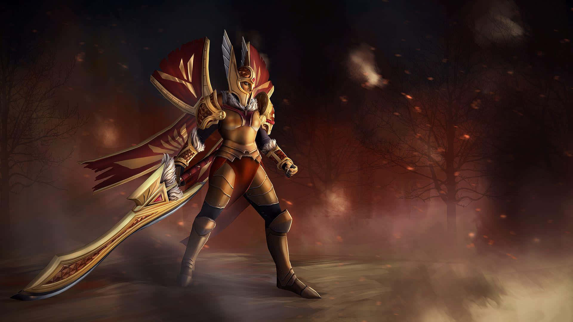Legion Commander 桌布 壁紙 — 一位身穿金色盔甲的戰士，手持巨大的華麗劍，佇立在黃昏時分煙霧瀰漫的火林中。