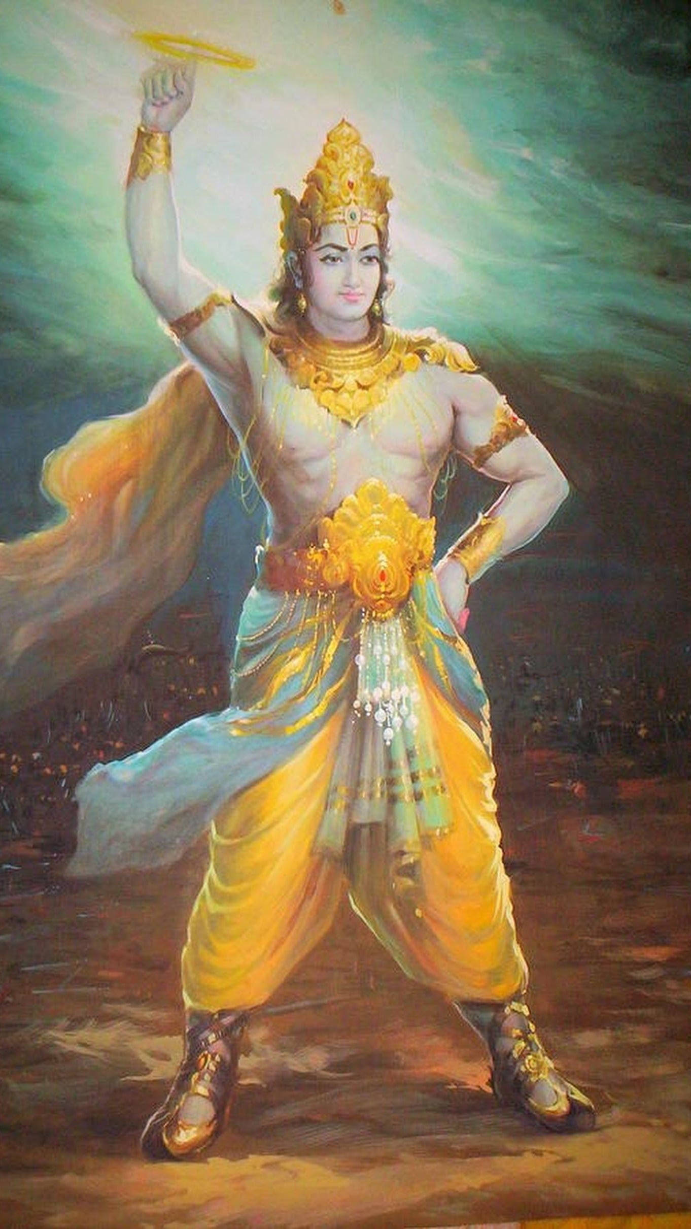 krishna 3d 桌布 壁紙 — 一位身穿金色鎧甲和飄逸長袍的神聖人物，手持發光的圓盤，背景是旋轉的青綠色和金色天空。