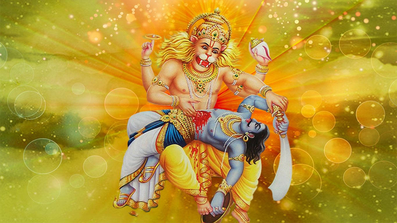 Lakshmi 桌布 壁紙 — 一位身穿金色鎧甲的神聖猴神，在一片燦爛的黃綠色宇宙背景上，勝利地高舉著一位藍皮膚的神祇。