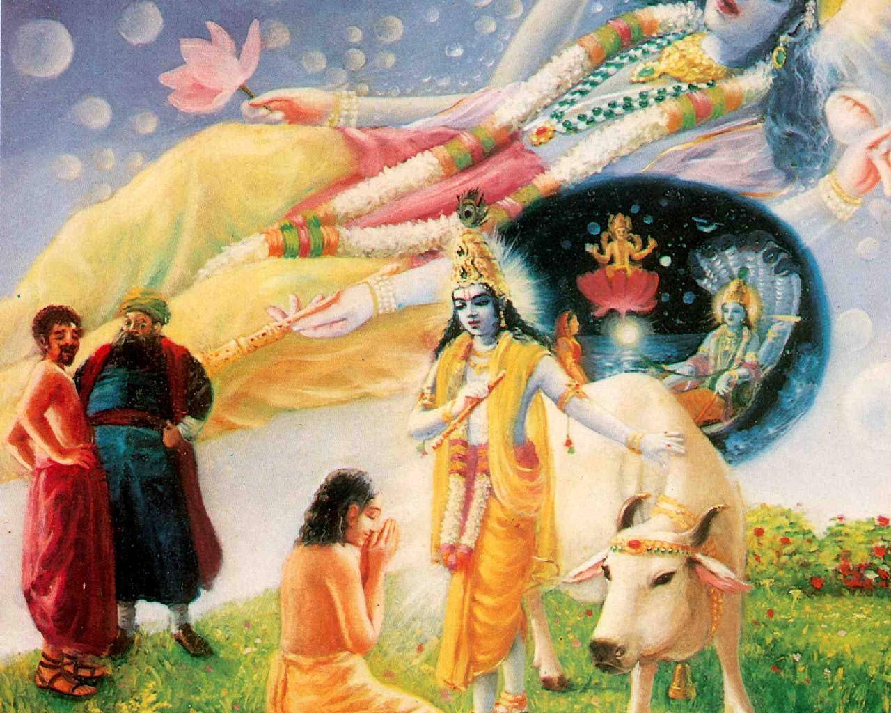 Bhagavad Gita 桌布 壁紙 — 一位身穿金色長袍的神聖人物與一頭白牛站在一起，信徒們在飄浮蓮花和宇宙眾生環繞的天界天空下敬拜。