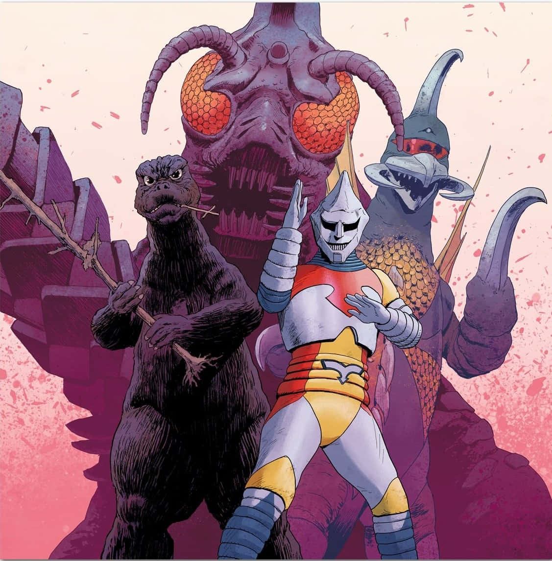 Godzilla Vs Megalon 桌布 壁紙 — 一位身穿銀色和黃色盔甲的英勇騎士，在粉紅色和紫色飛濺的背景前，挑釁地站在兩隻怪獸卡伊朱之間。