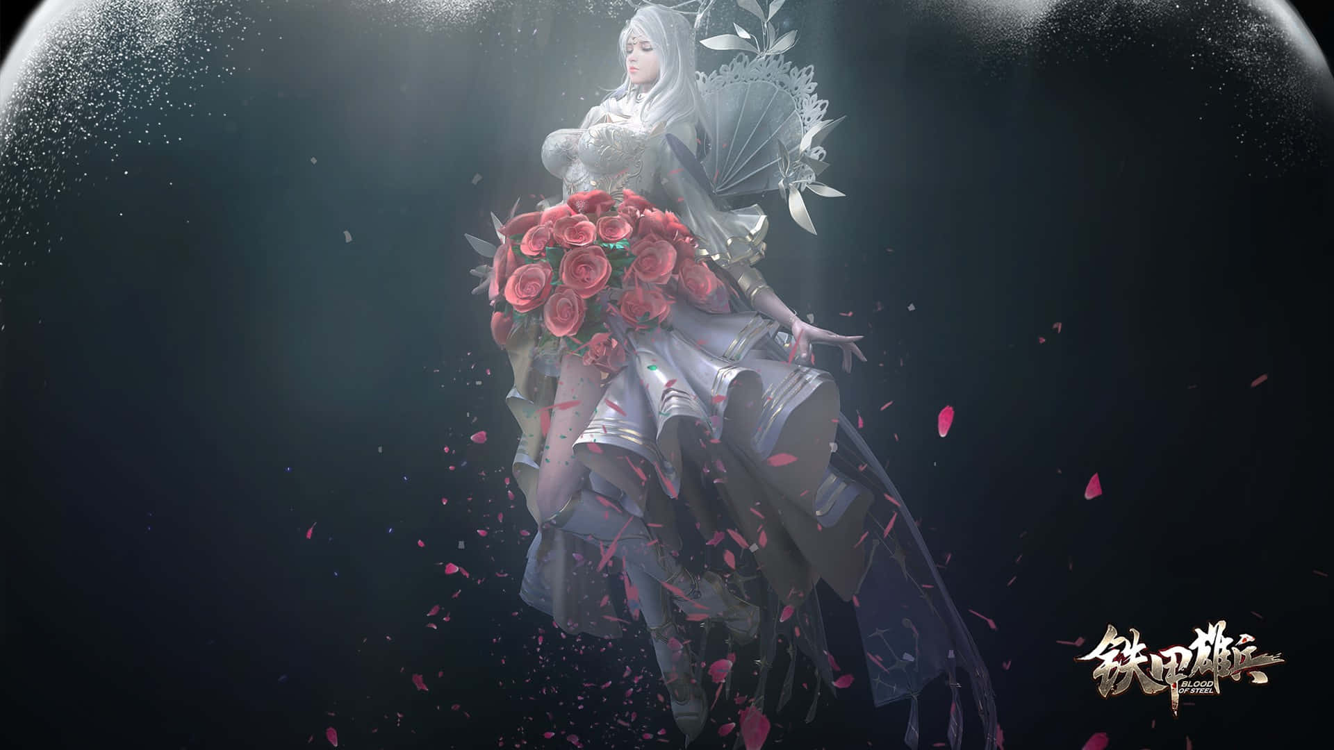 Blood Of Steel 桌布 壁紙 — 一位身穿銀色盔甲、發光的動漫女性，在黑暗太空中手持一束紅玫瑰，花瓣飄散。
