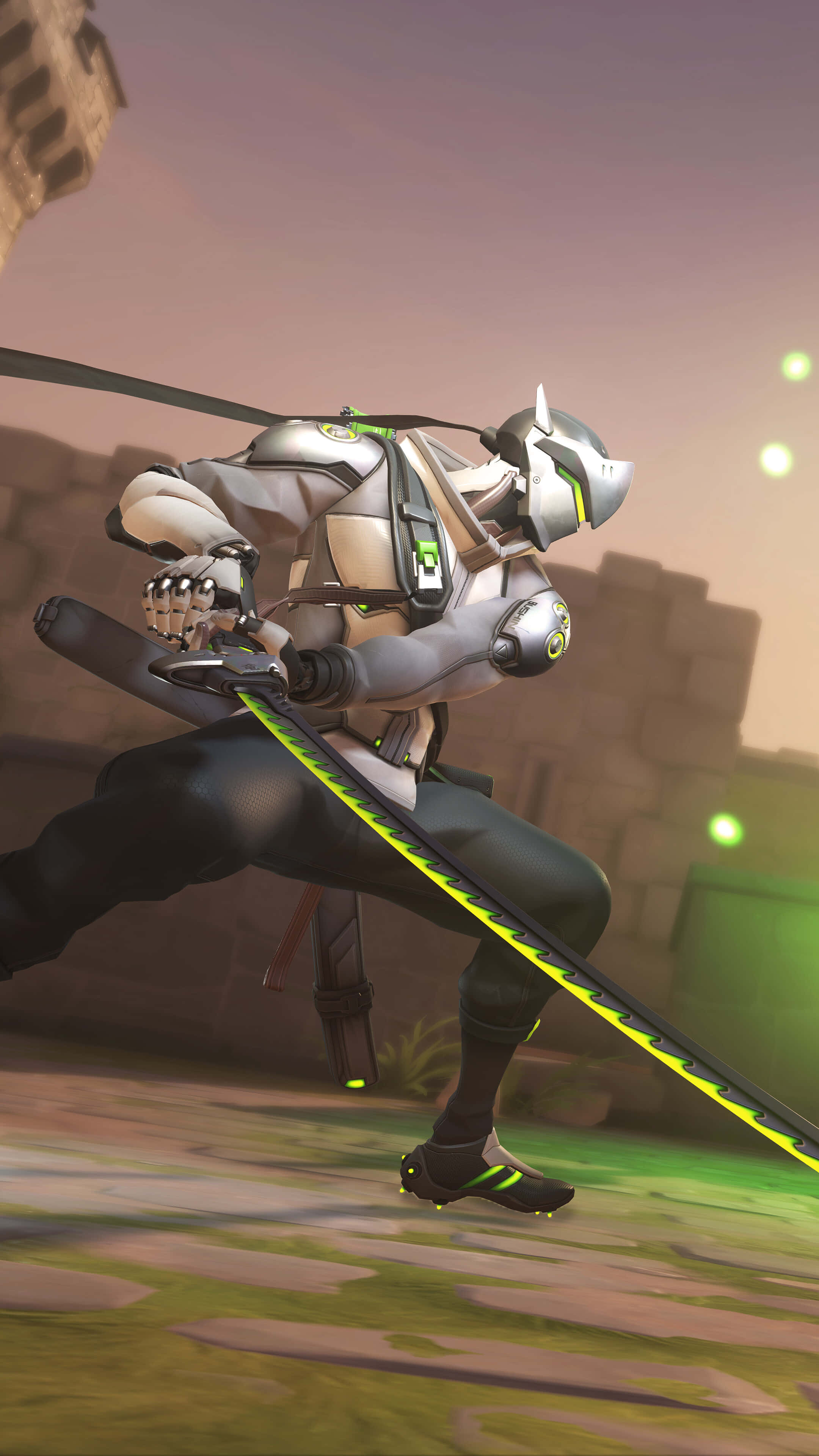 Overwatch Genji 桌布 壁紙 — 一位身穿銀色盔甲的未来戰士在昏暗天空下的石頭廢墟上揮舞著發光的綠色劍，正處於跳躍中。