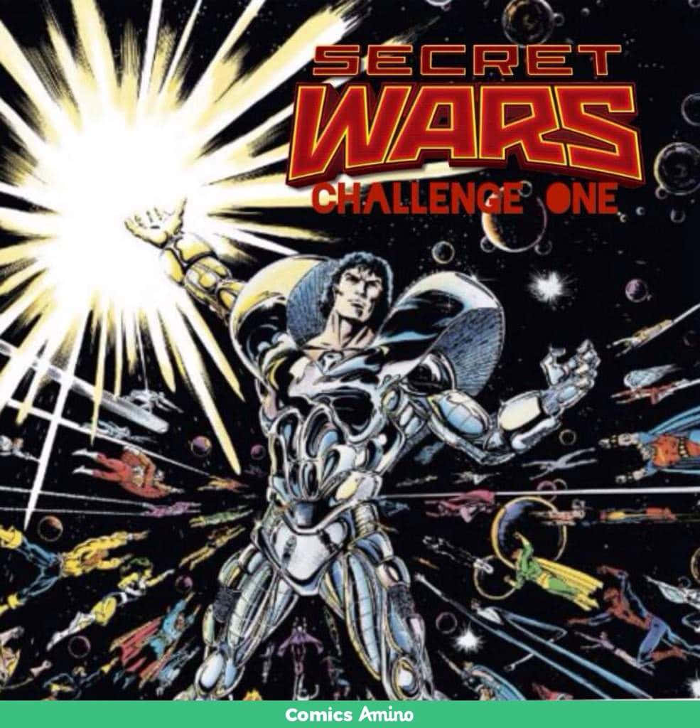 Secret Wars 桌布 壁紙 — 一位身穿銀色盔甲的漫畫英雄，在行星和飛行角色的宇宙背景下從拳頭中釋放能量。