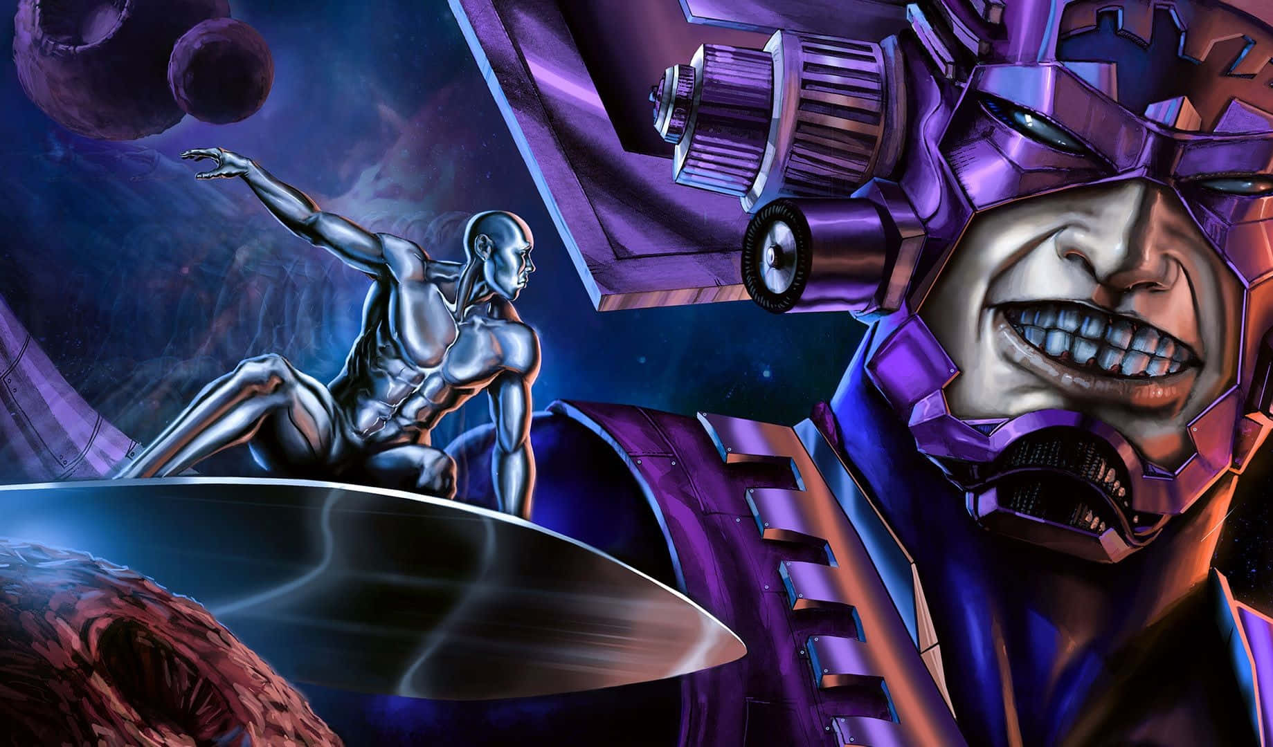 Galactus 桌布 壁紙 — 一位身穿銀色盔甲的超級英雄跳過宇宙虛空，而一個帶有鋸齒狀笑容的威脅性紫色機械人反派潛伏著。