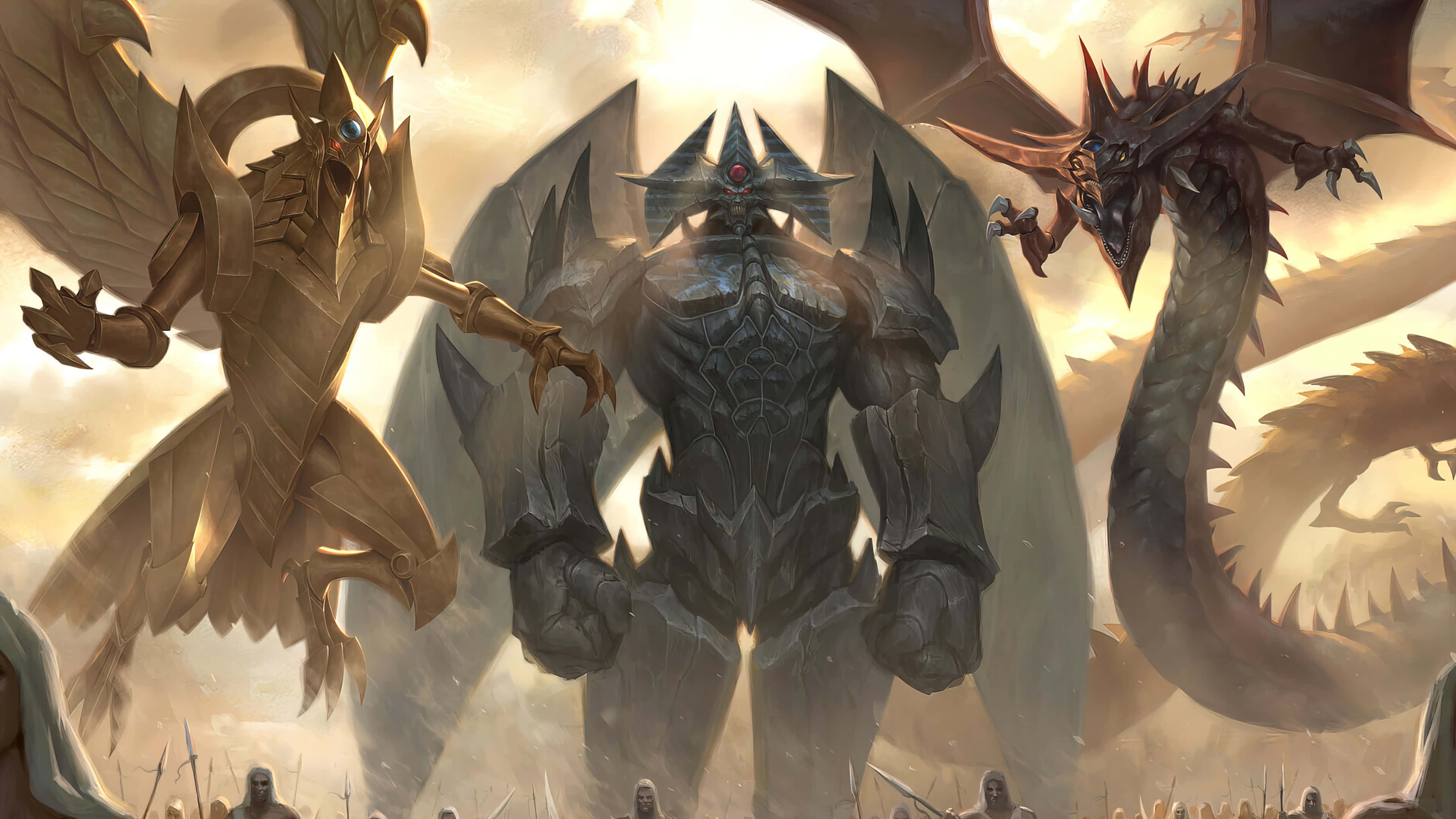 Yugioh Dragons 桌布 壁紙 — 一位身穿鎧甲、紅眼的巨神，在發光的天空下，被金色鳳凰和帶刺的巨龍夾在中間。