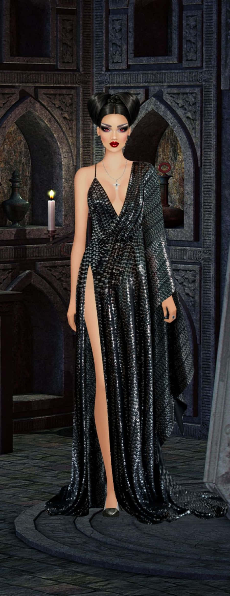Black Tie Dresses 桌布 壁紙 — 一位身穿閃亮黑色長裙的女性，優雅地佇立於哥德式大教堂中，拱形窗戶與燭光相伴。