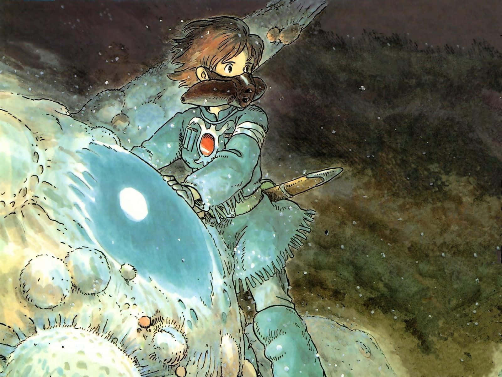 nausicaä of the valley of the wind 桌布 壁紙 — 一位身穿青綠色太空衣的年輕太空人，騎著發光的藍色生物穿越星光燦爛的宇宙景觀。