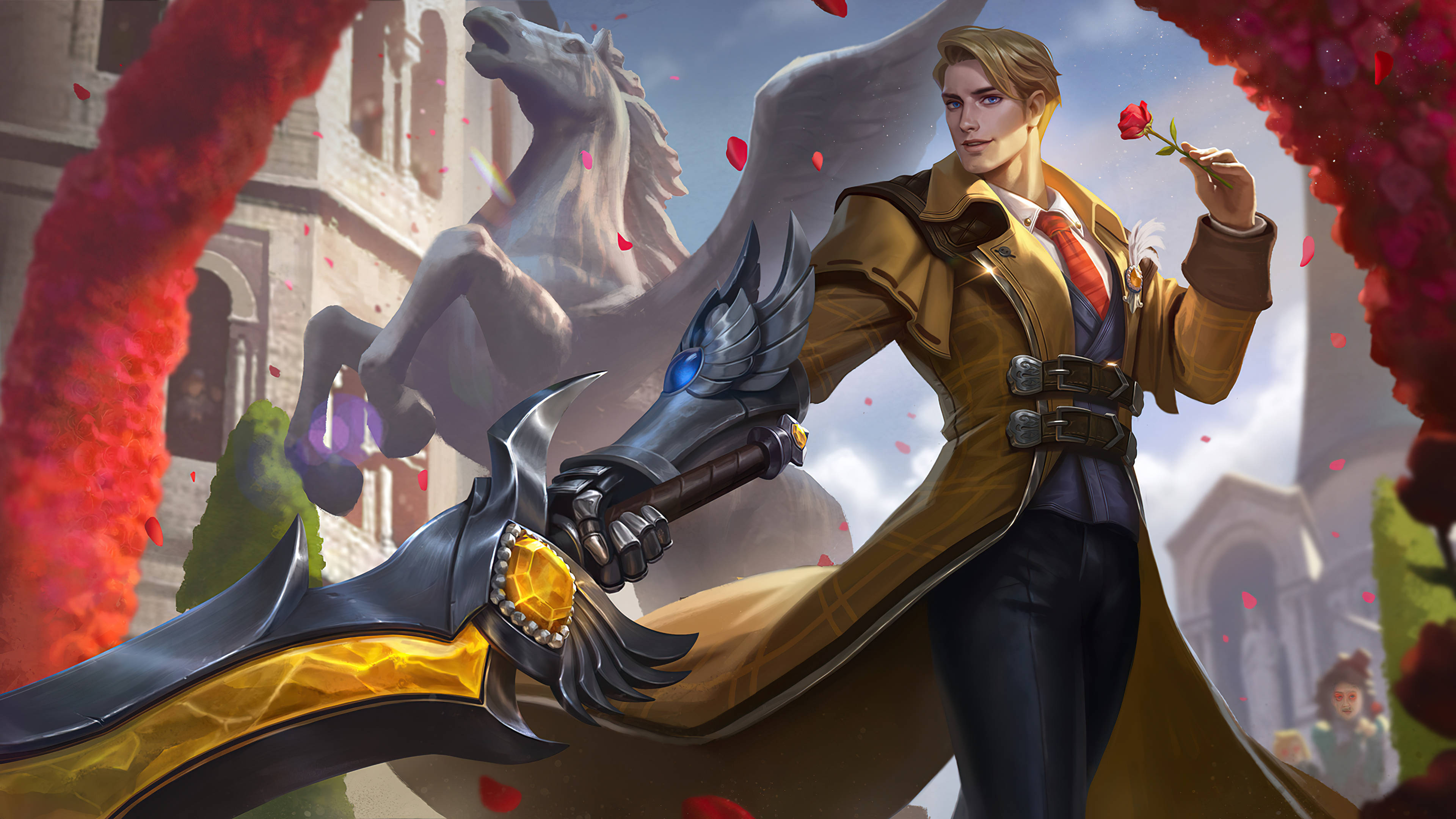 Mobile Legends 桌布 壁紙 — 一位身穿風衣的英雄男性角色，手持玫瑰並揮舞著發光的劍，背景是紅色花瓣、雄偉的白馬和城堡。